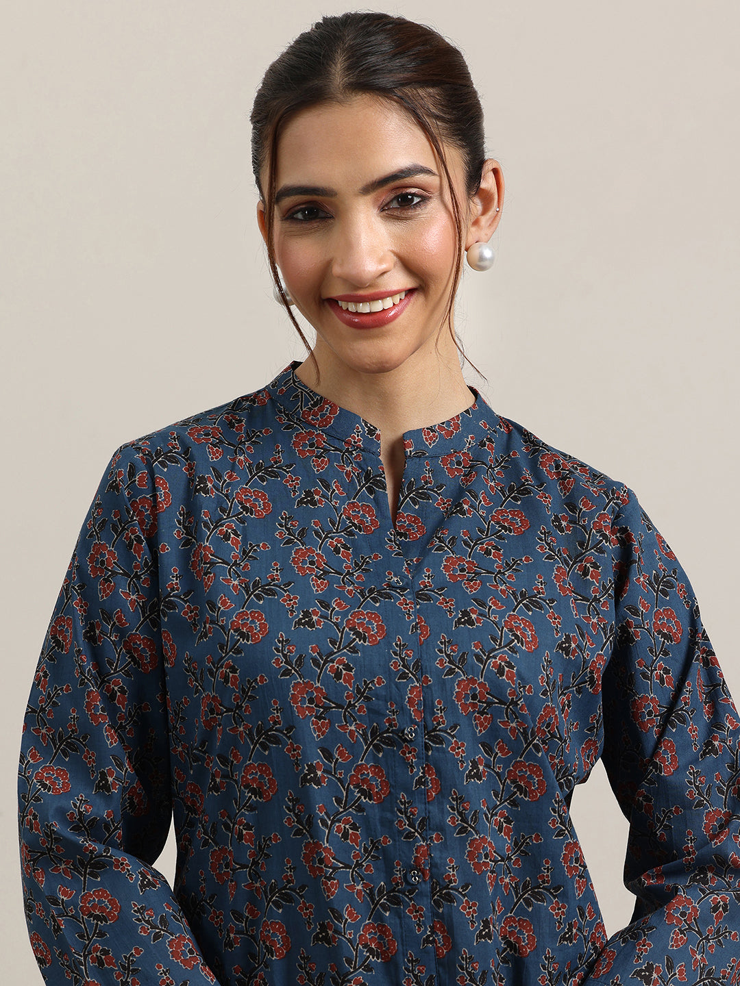 Blue Printed Cotton Straight Short Kurti