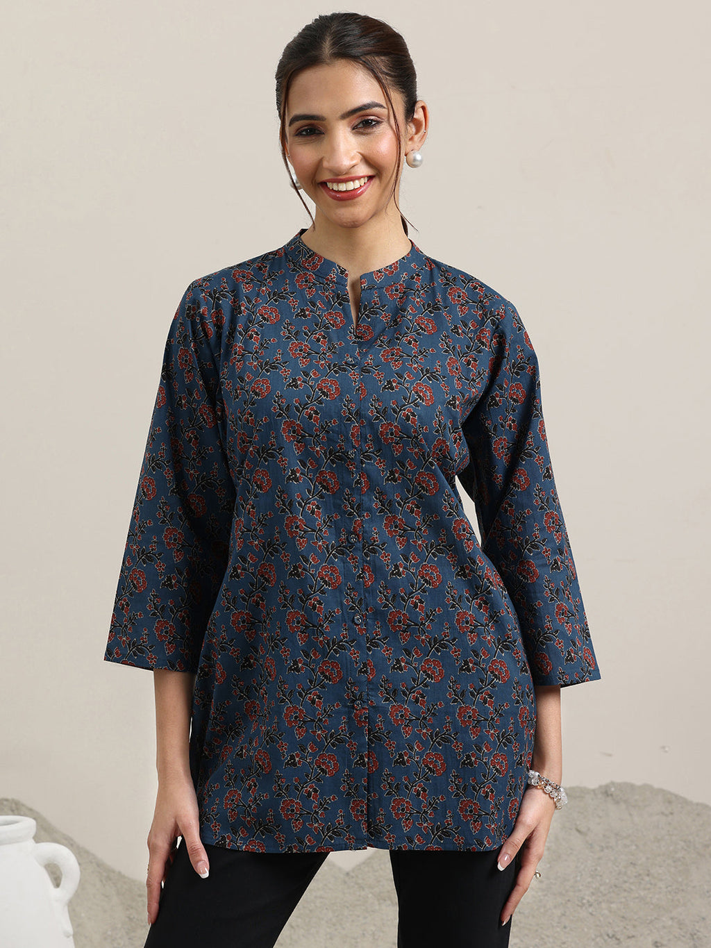 Blue Printed Cotton Straight Short Kurti