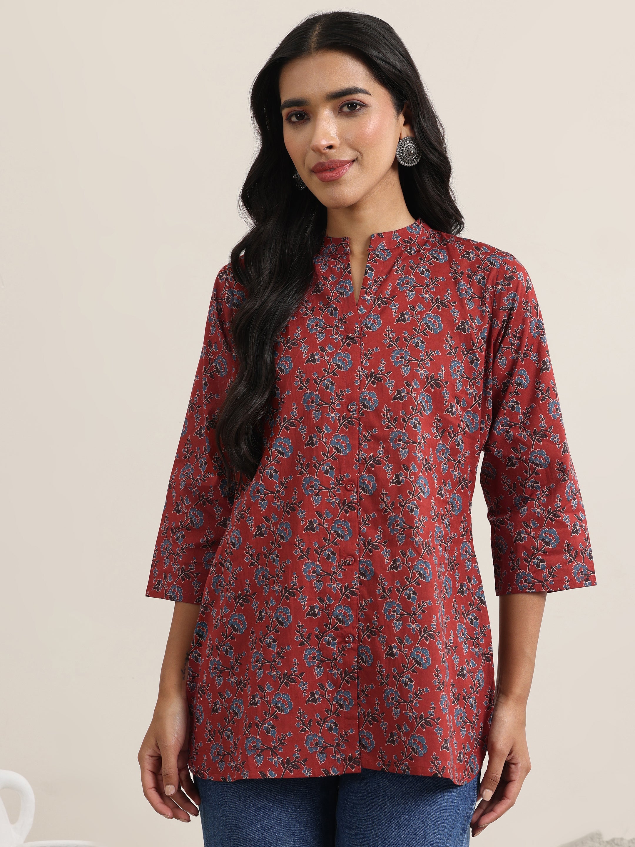 Maroon Printed Cotton Straight Short Kurti