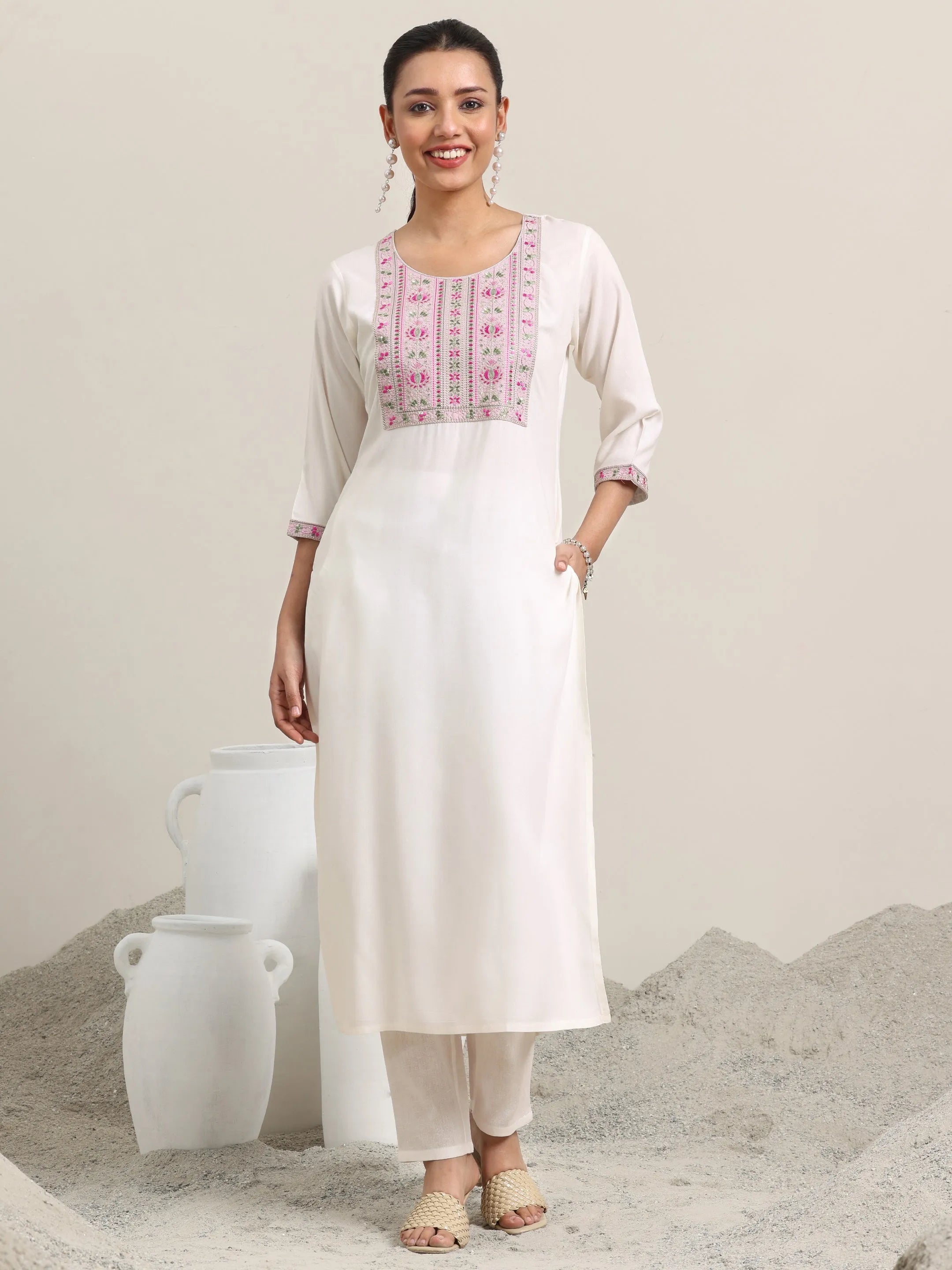Off White Yoke Design Rayon Straight Kurta