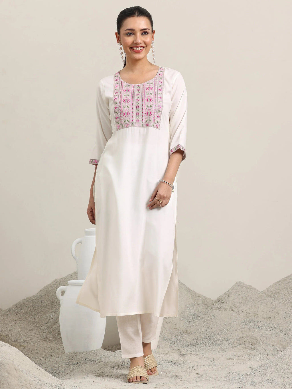 Off White Yoke Design Rayon Straight Kurta