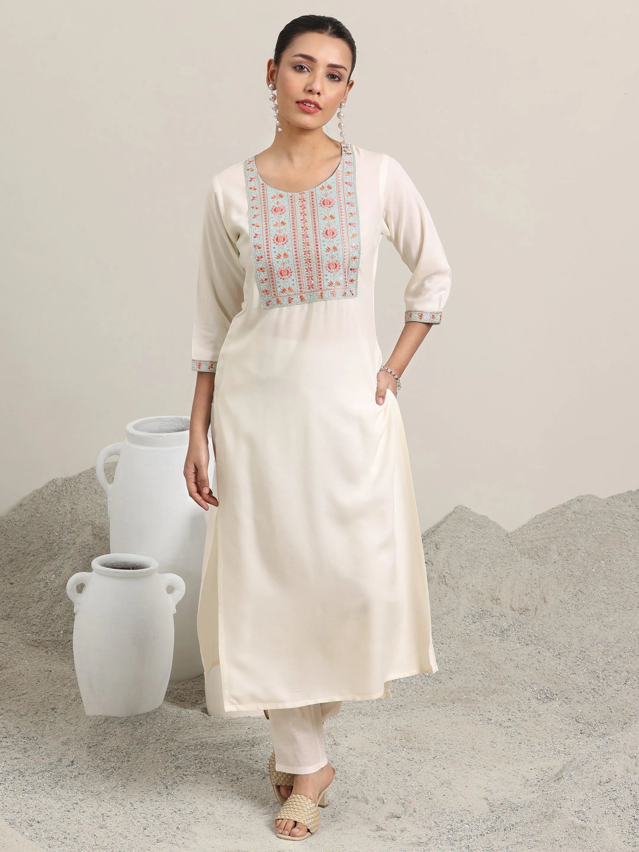 Off White Yoke Design Rayon Straight Kurta