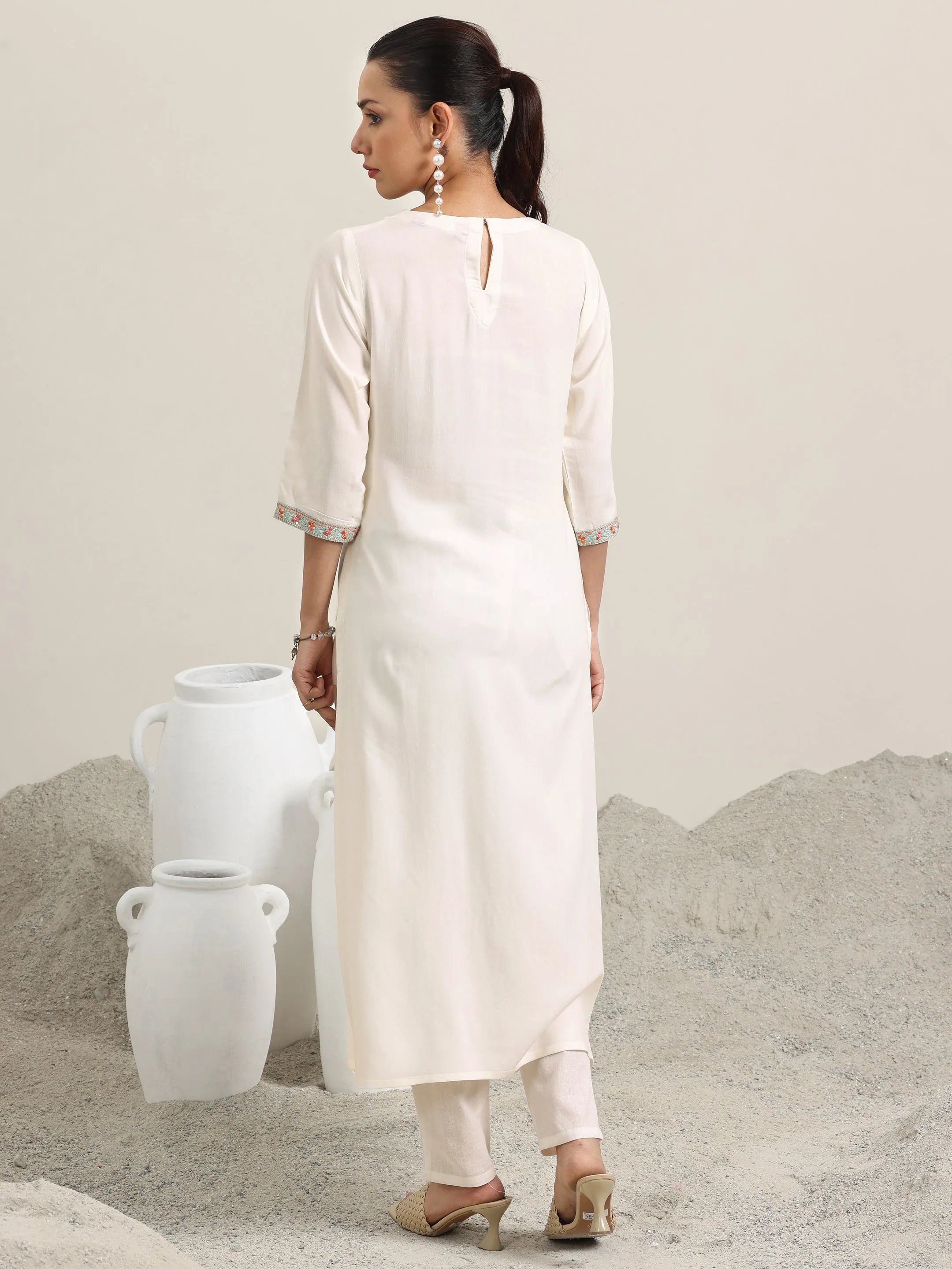 Off White Yoke Design Rayon Straight Kurta