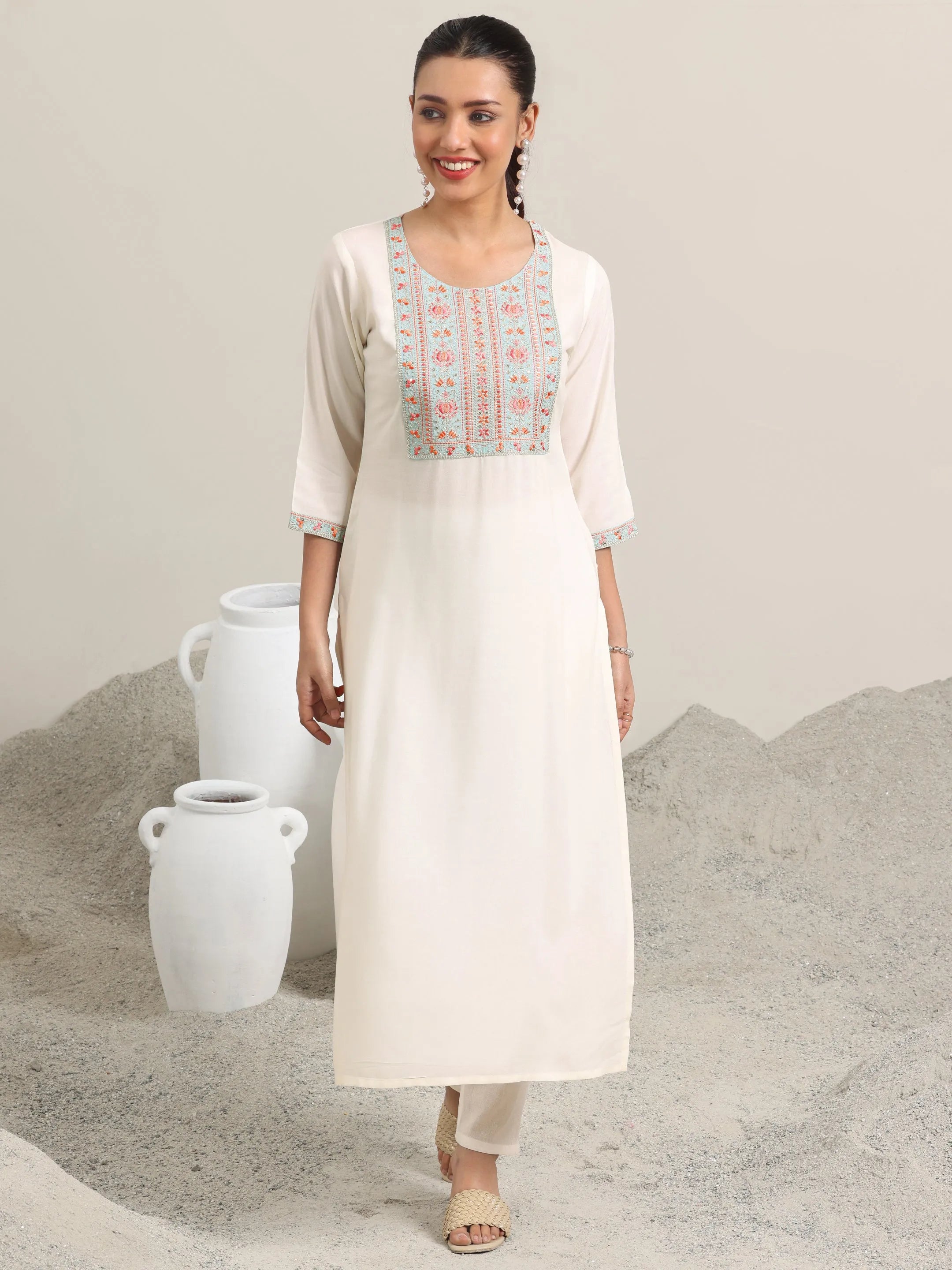Off White Yoke Design Rayon Straight Kurta