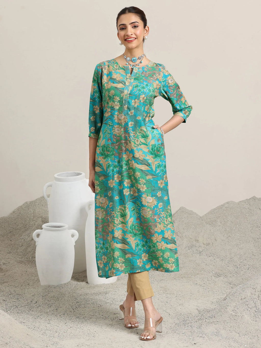Blue Printed Silk Blend Straight Kurta