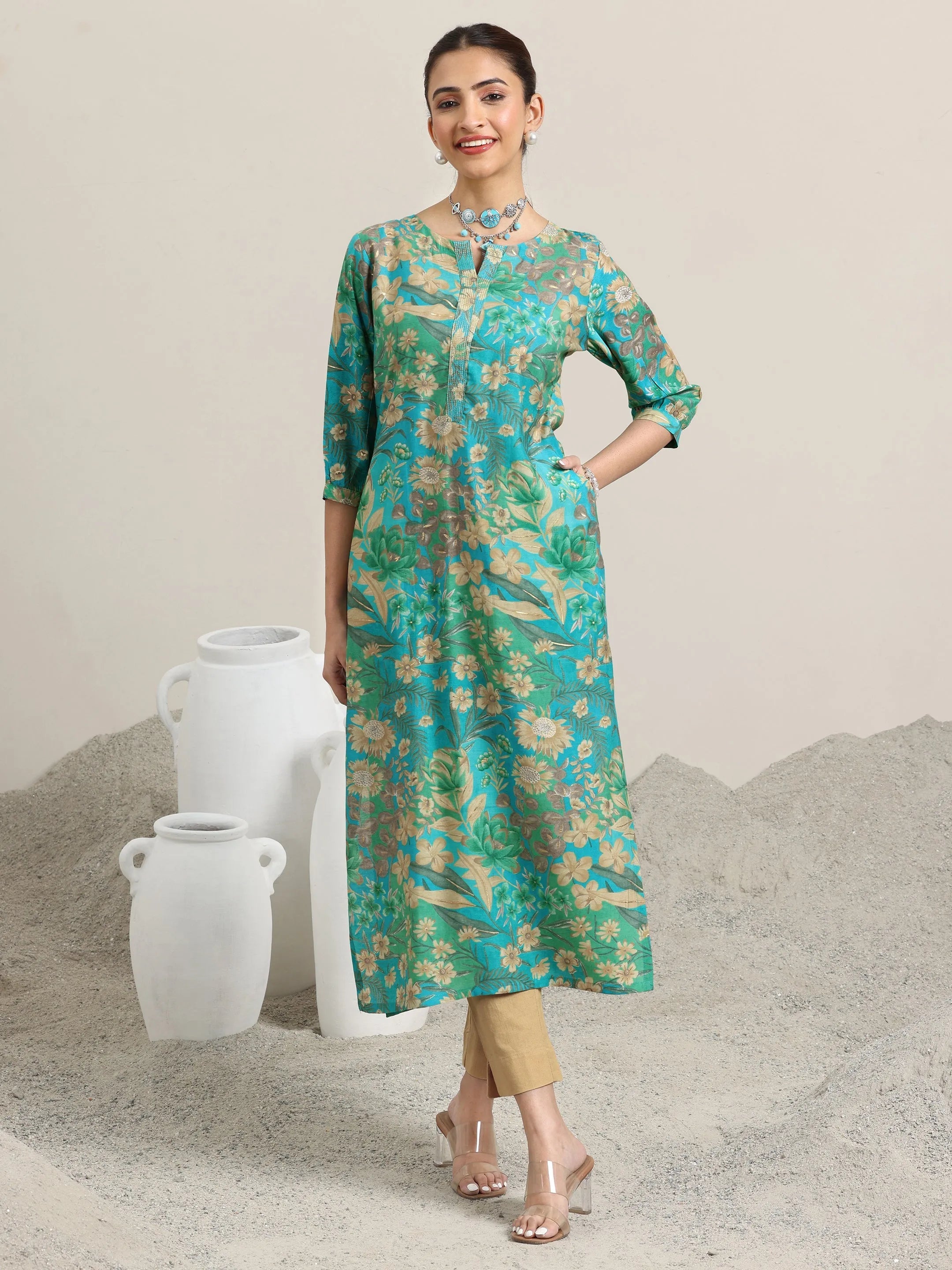 Blue Printed Silk Blend Straight Kurta