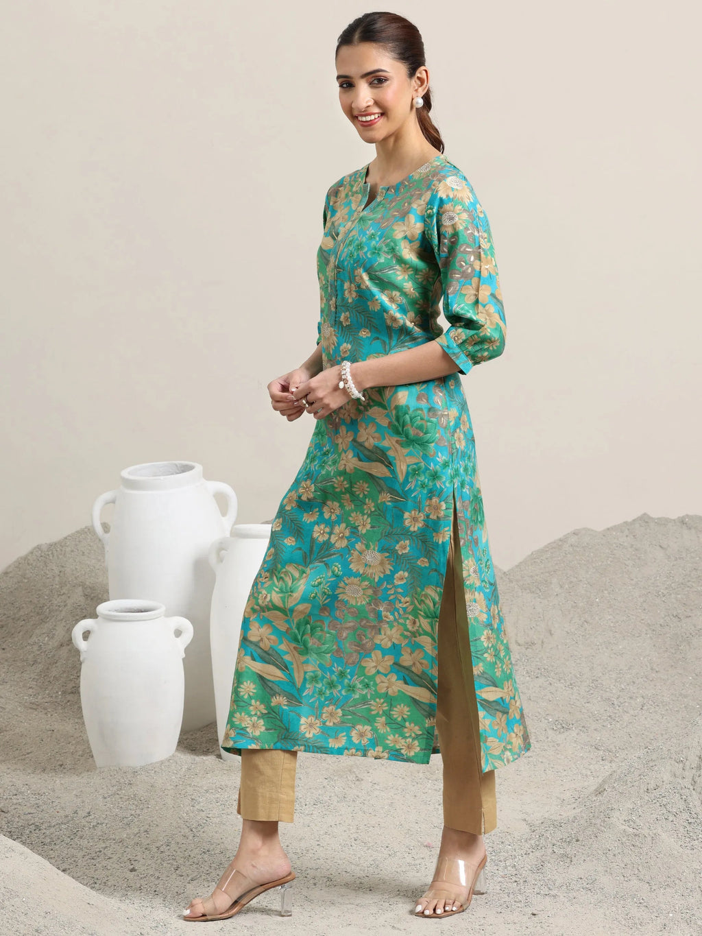 Blue Printed Silk Blend Straight Kurta