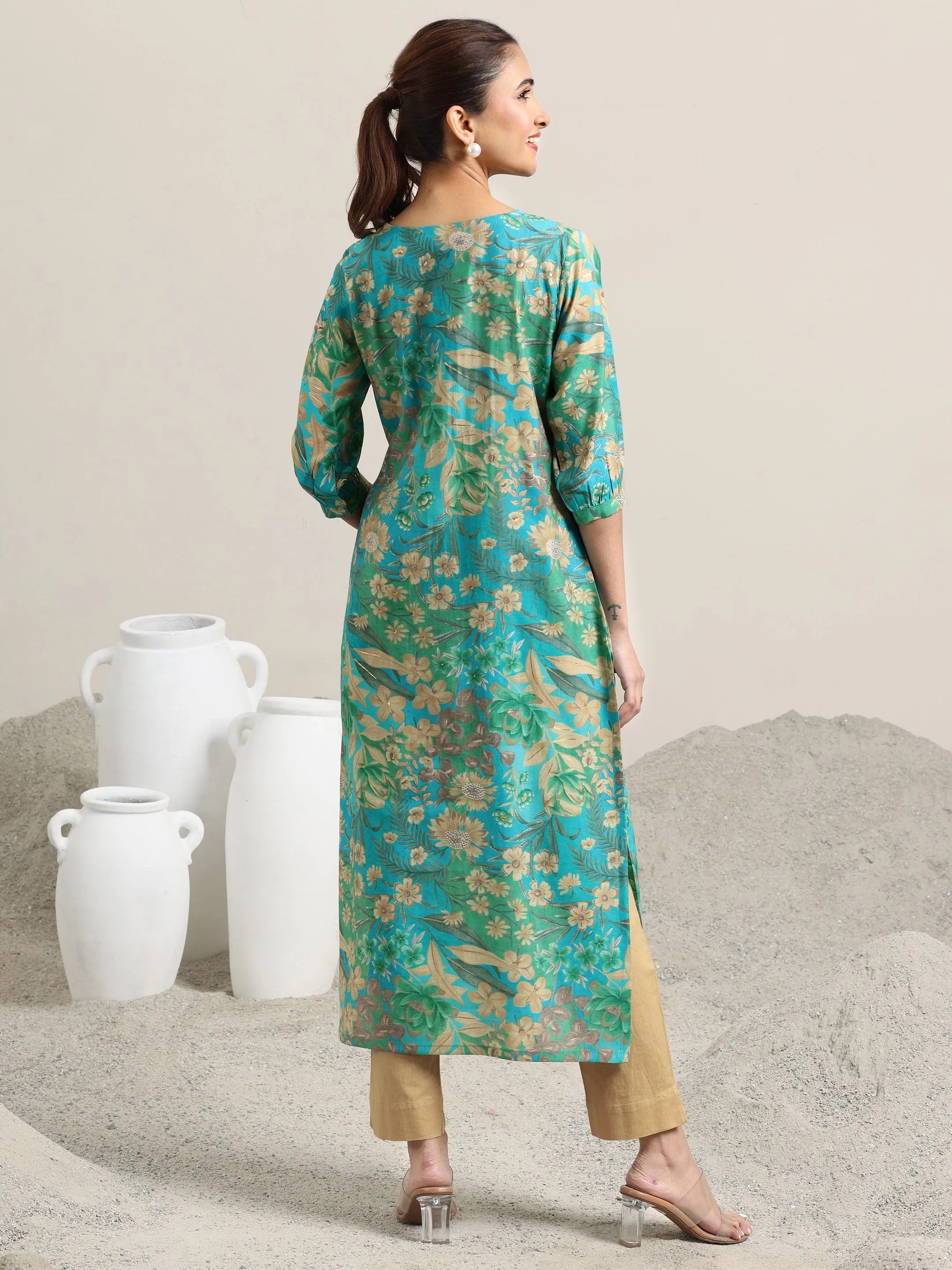 Blue Printed Silk Blend Straight Kurta