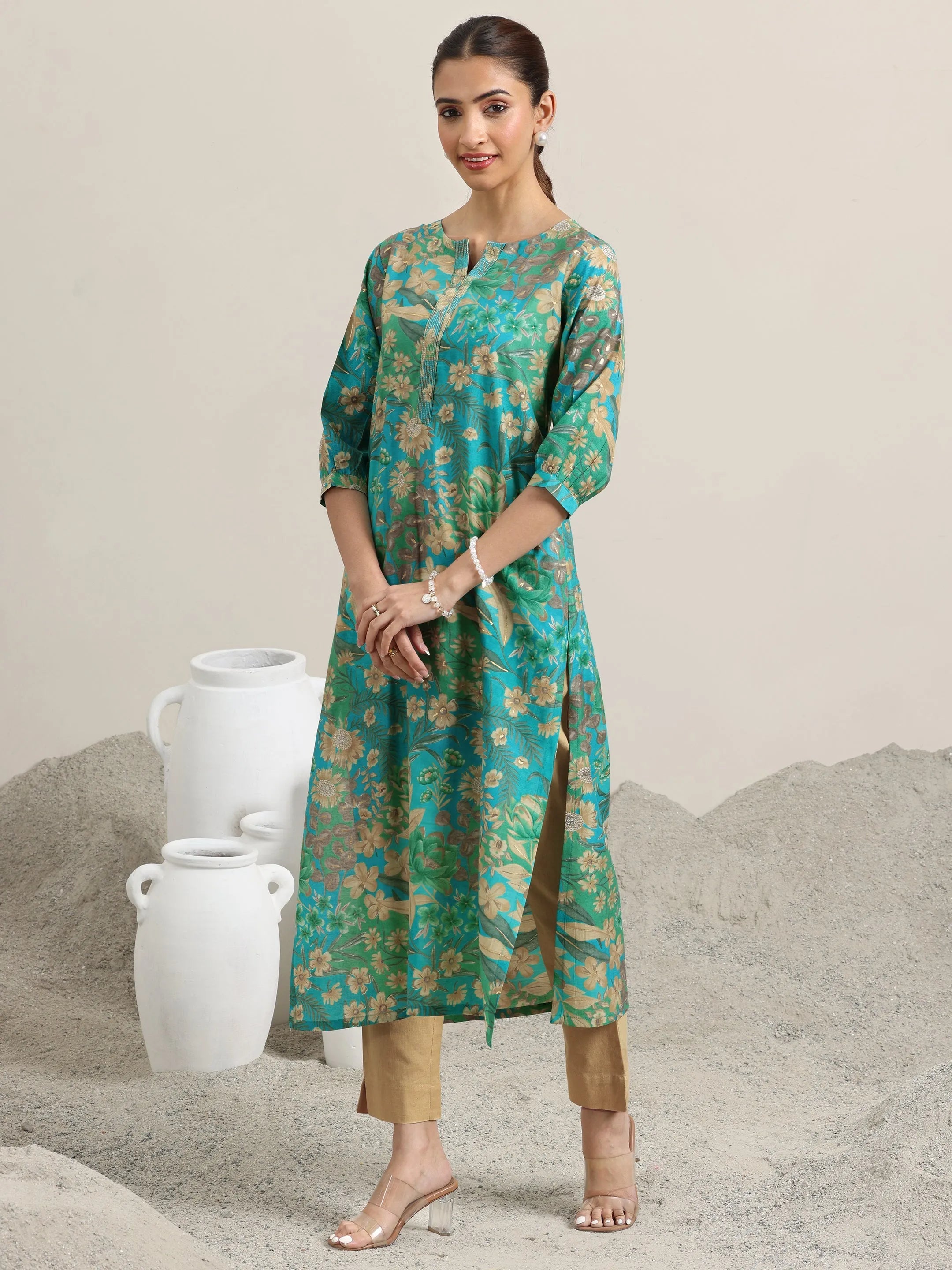 Blue Printed Silk Blend Straight Kurta