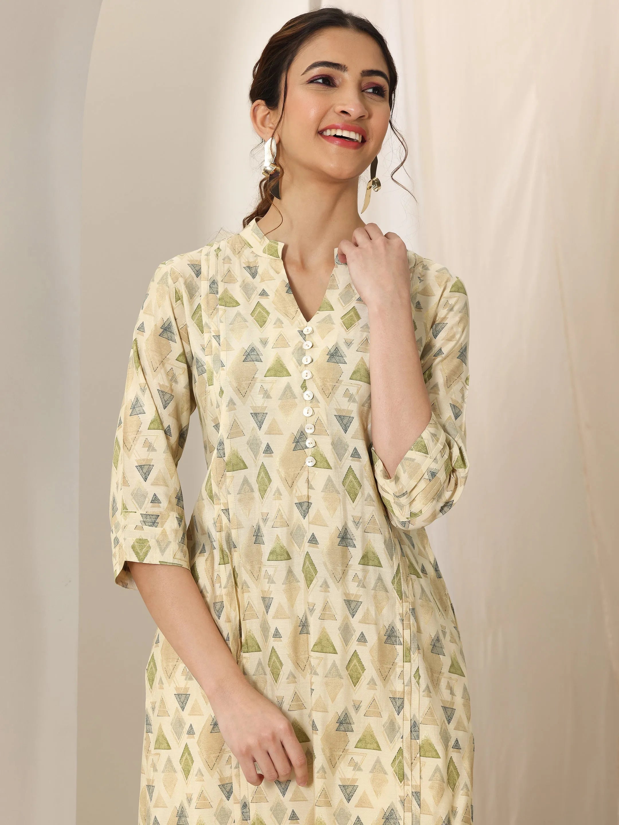 Beige Printed Silk Blend Straight Kurta