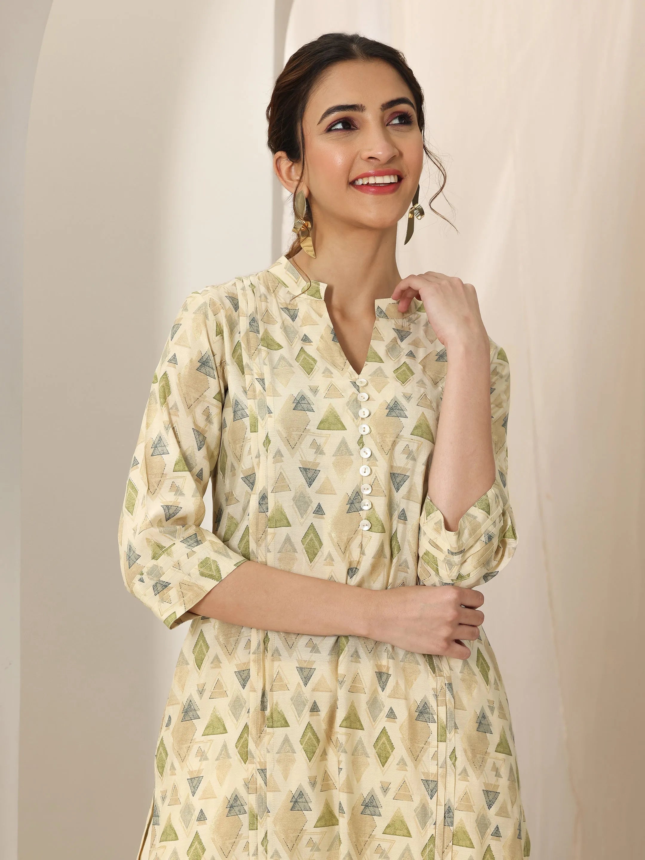 Beige Printed Silk Blend Straight Kurta