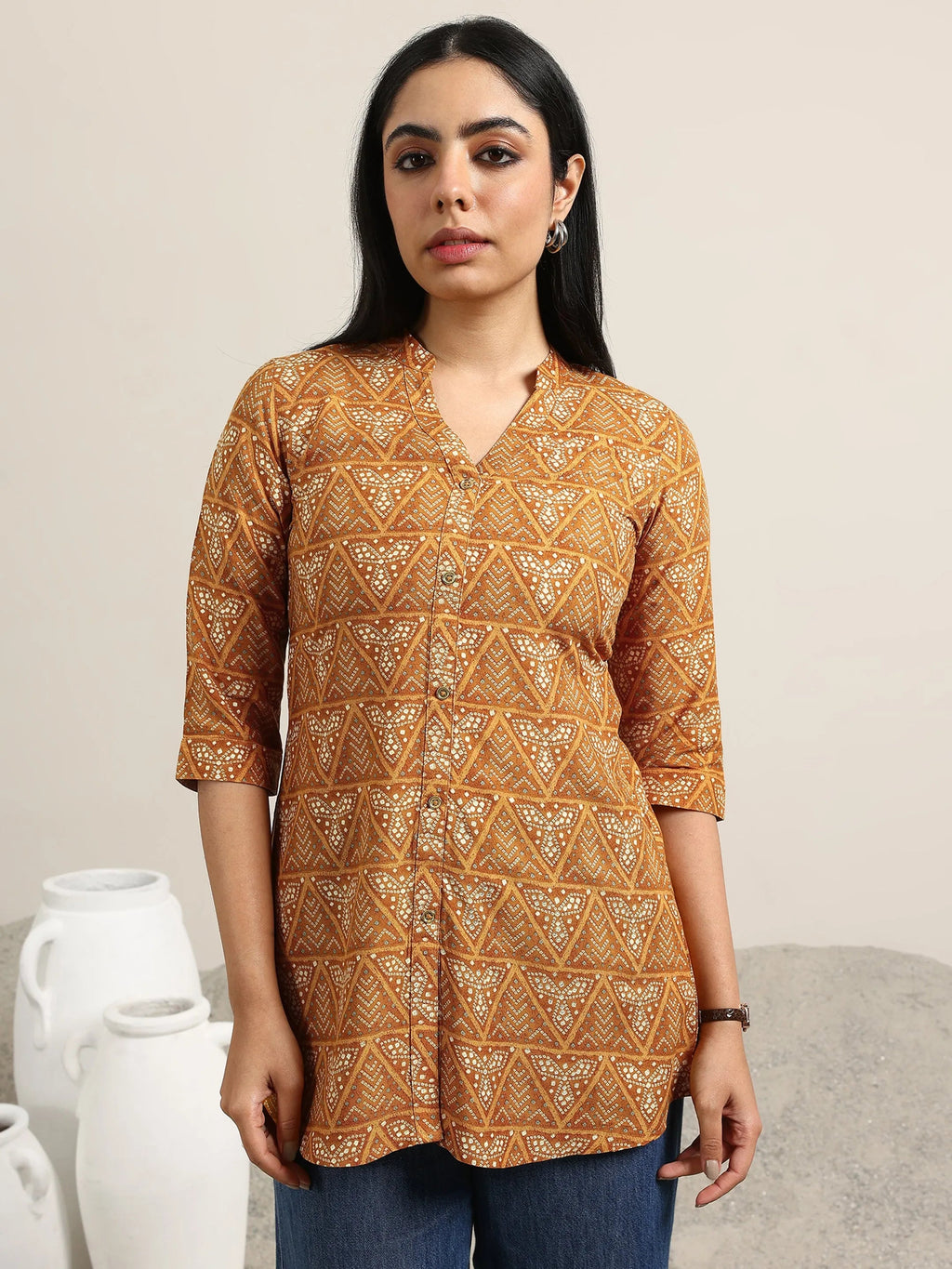Mustard Printed Rayon Straight Kurti