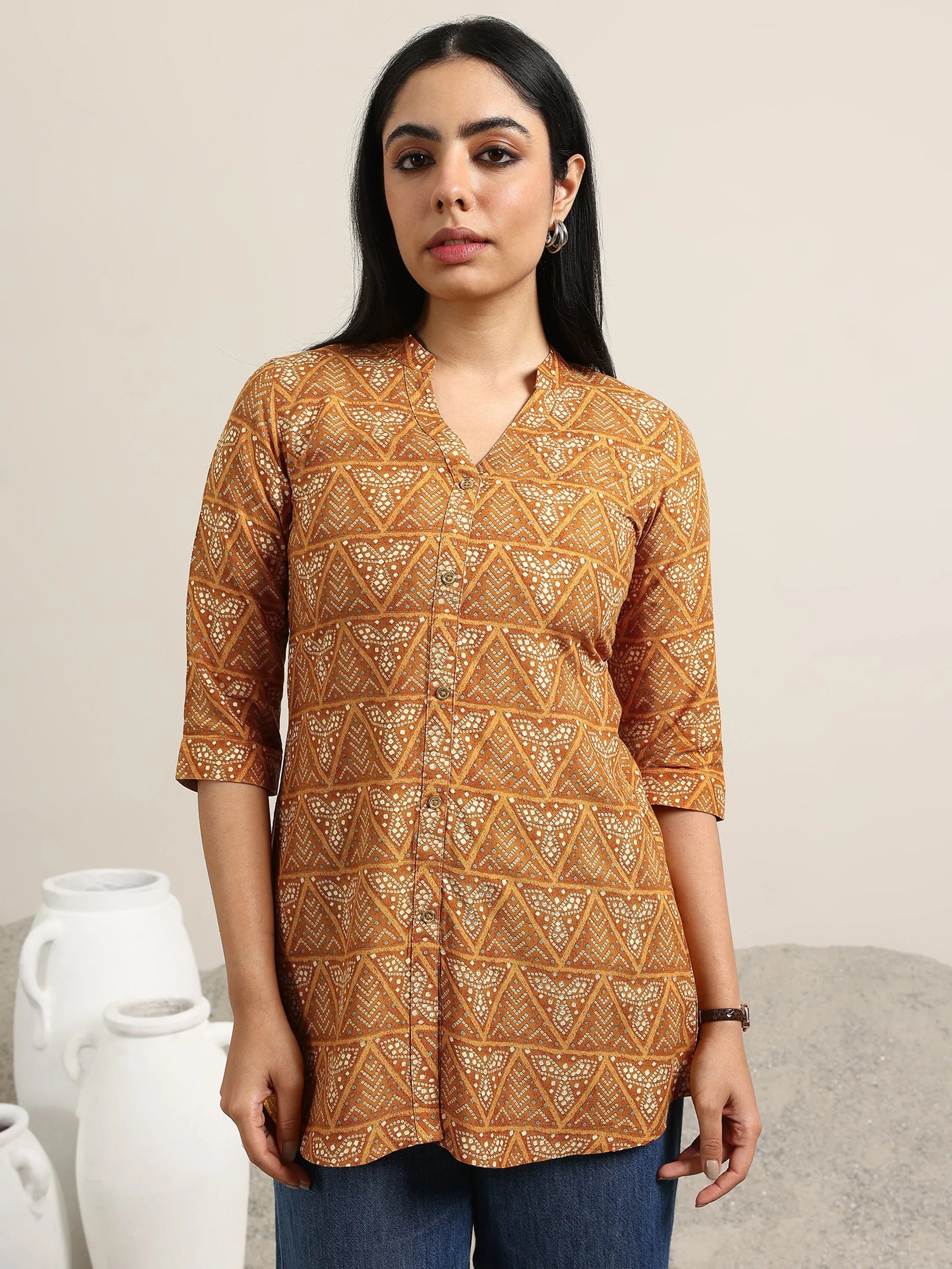 Mustard Printed Rayon Straight Kurti