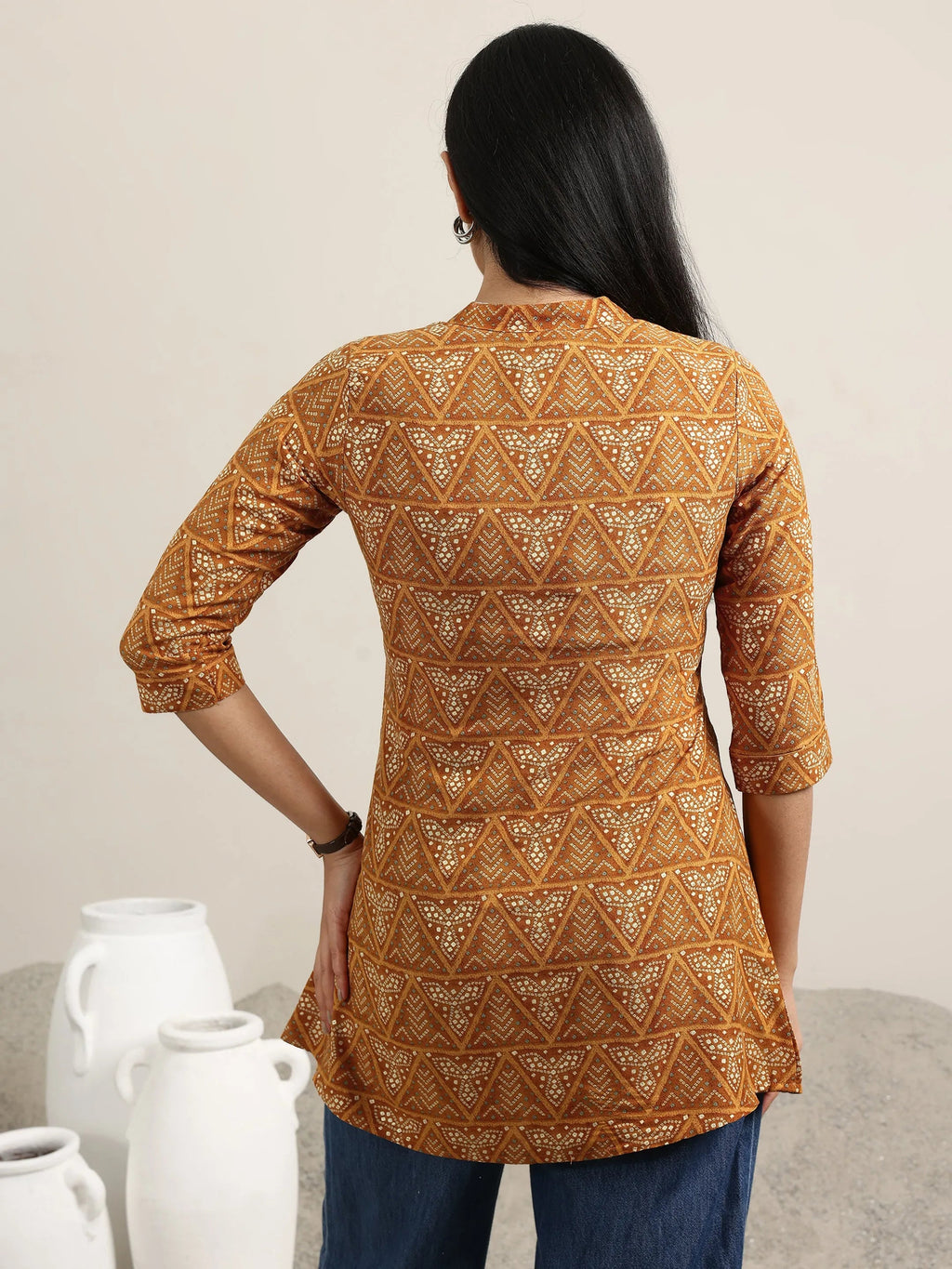 Mustard Printed Rayon Straight Kurti