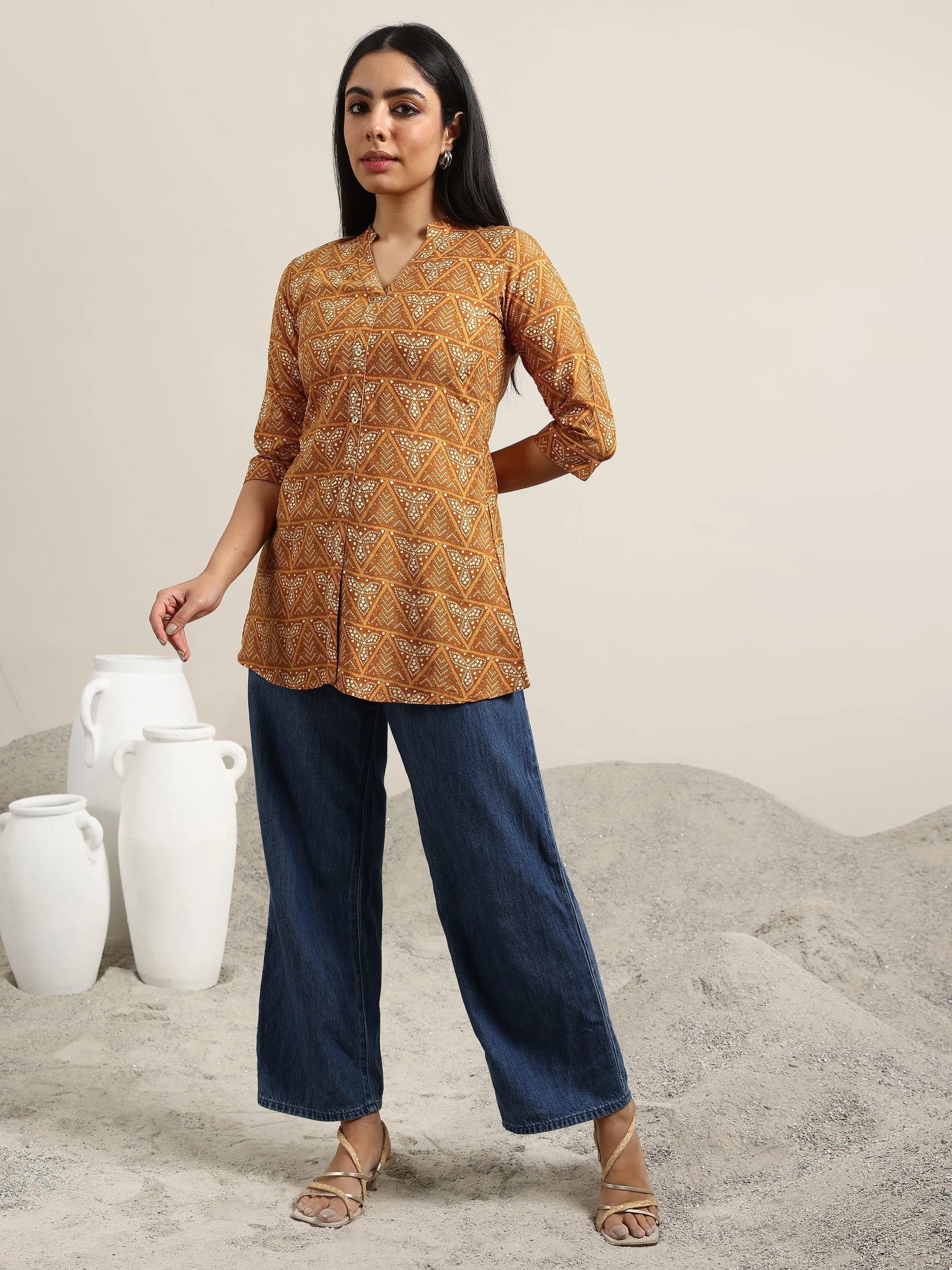 Mustard Printed Rayon Straight Kurti
