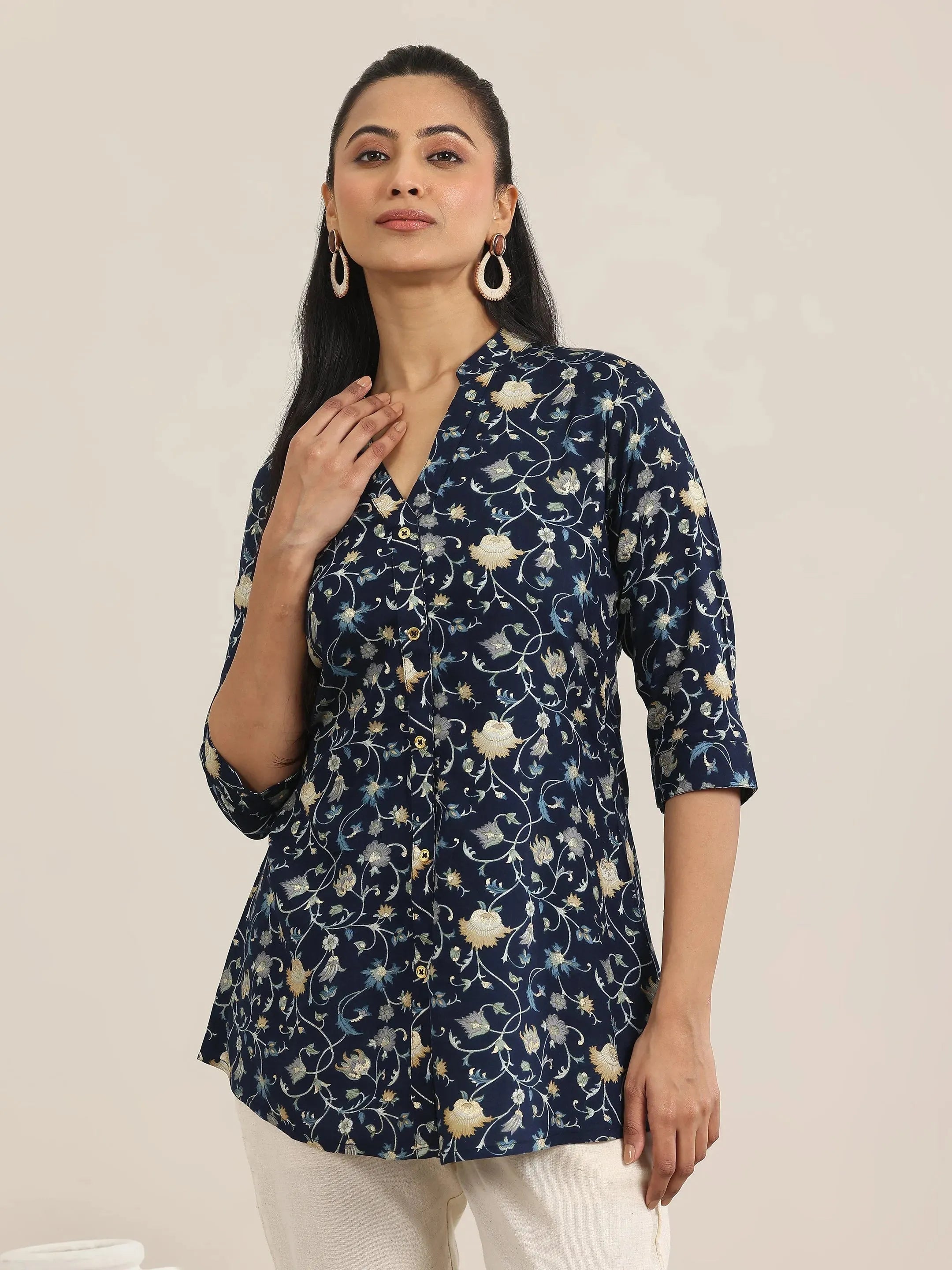 Blue Printed Rayon Straight Short Kurti
