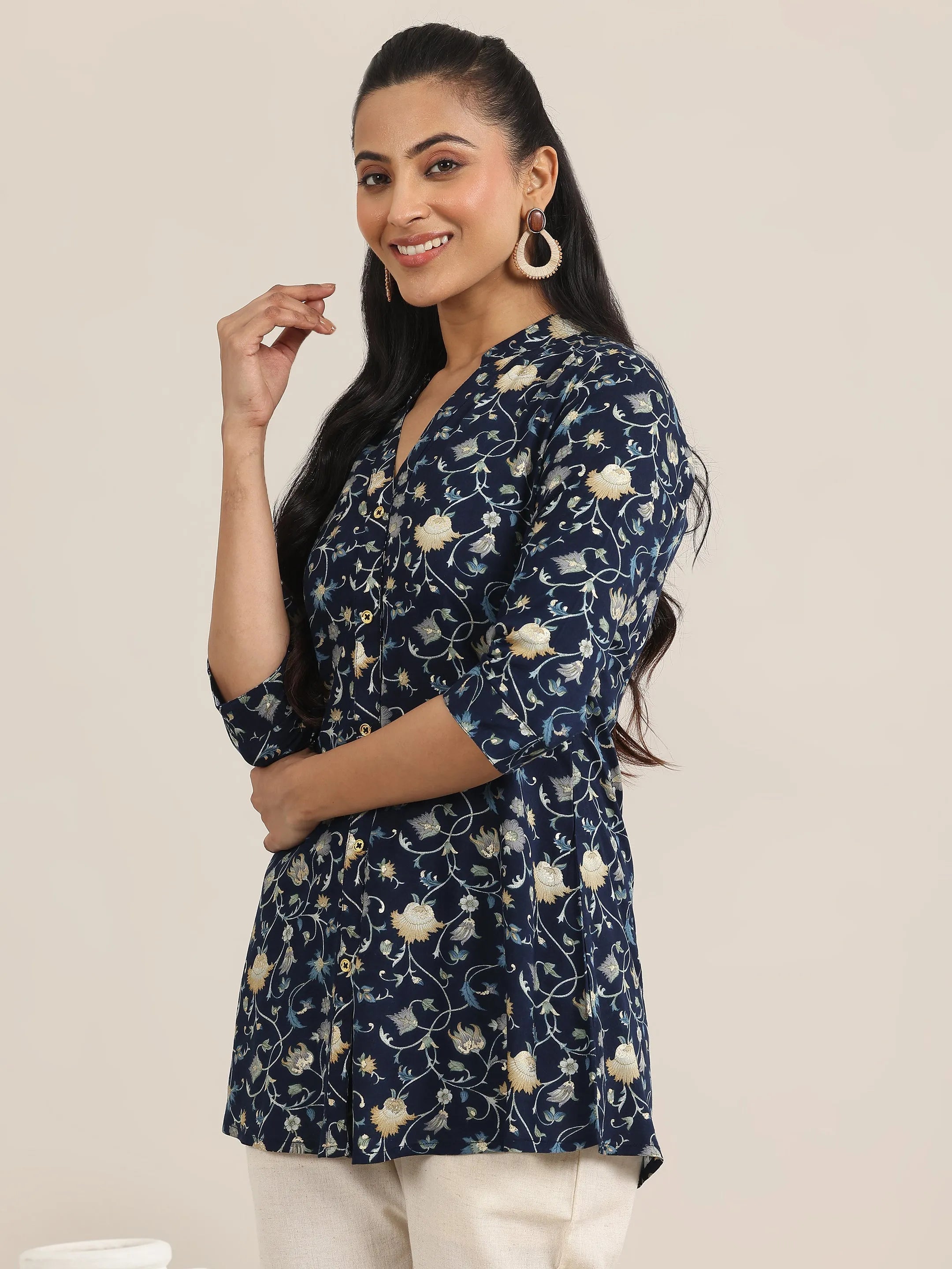 Blue Printed Rayon Straight Short Kurti
