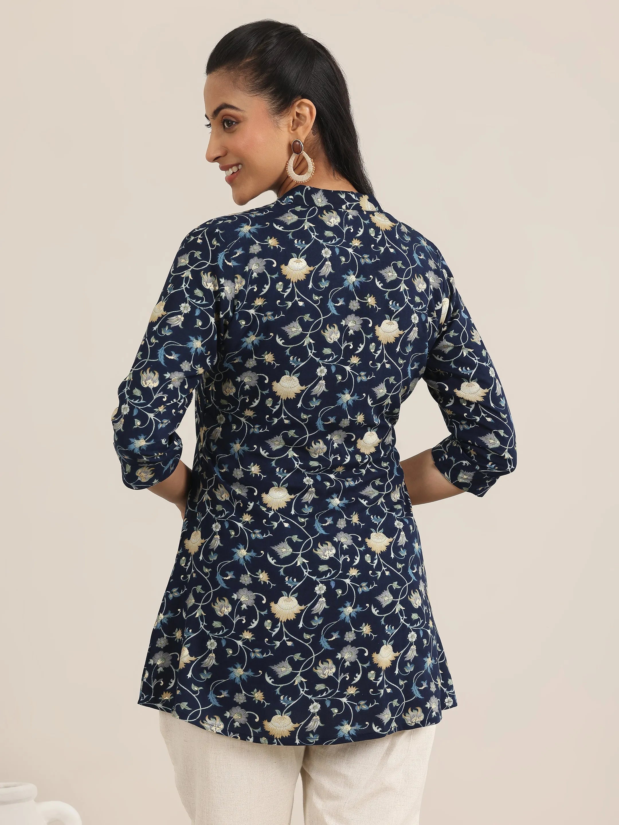 Blue Printed Rayon Straight Short Kurti