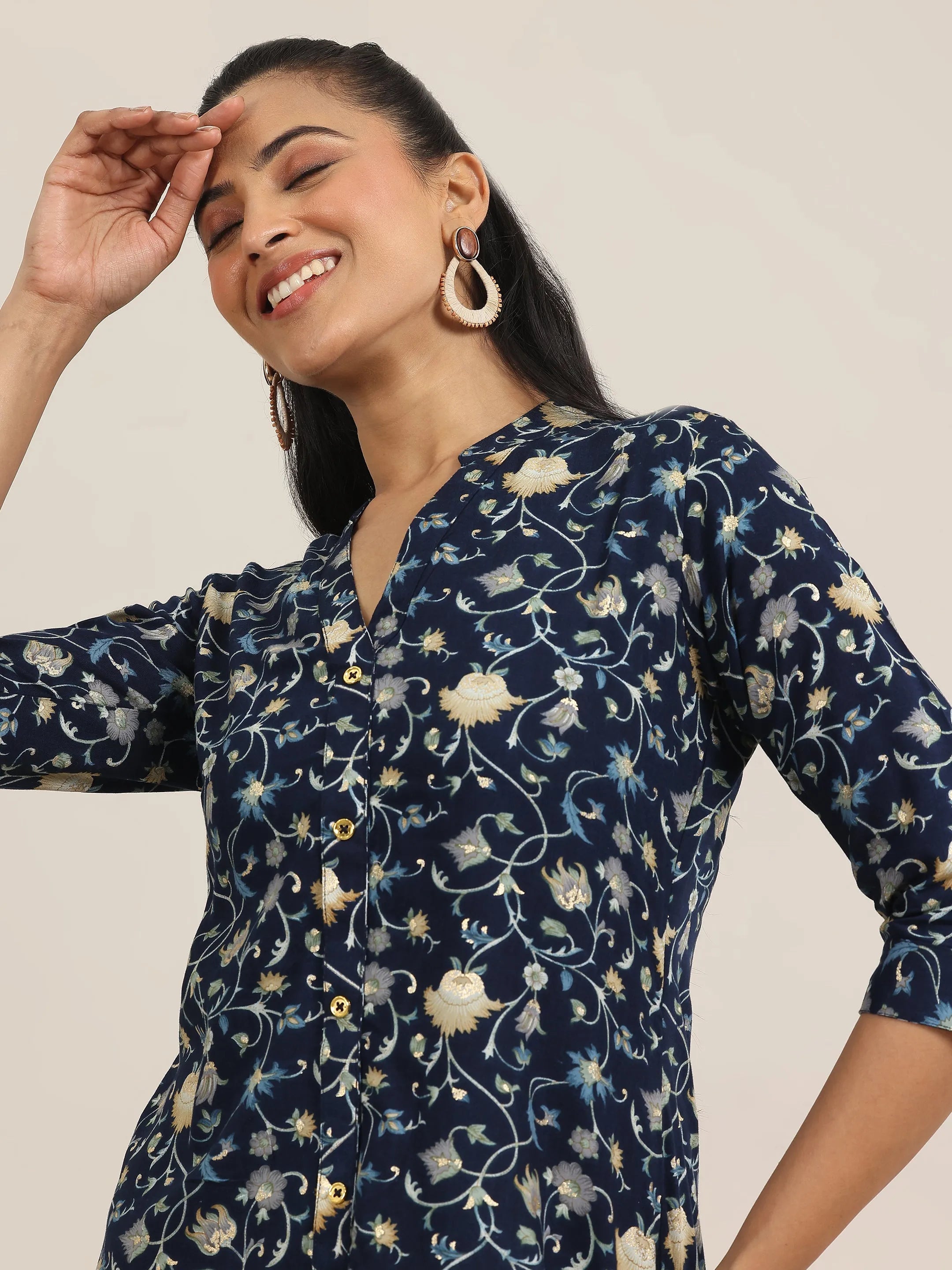 Blue Printed Rayon Straight Short Kurti