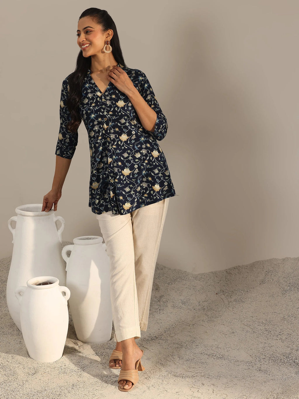 Blue Printed Rayon Straight Short Kurti