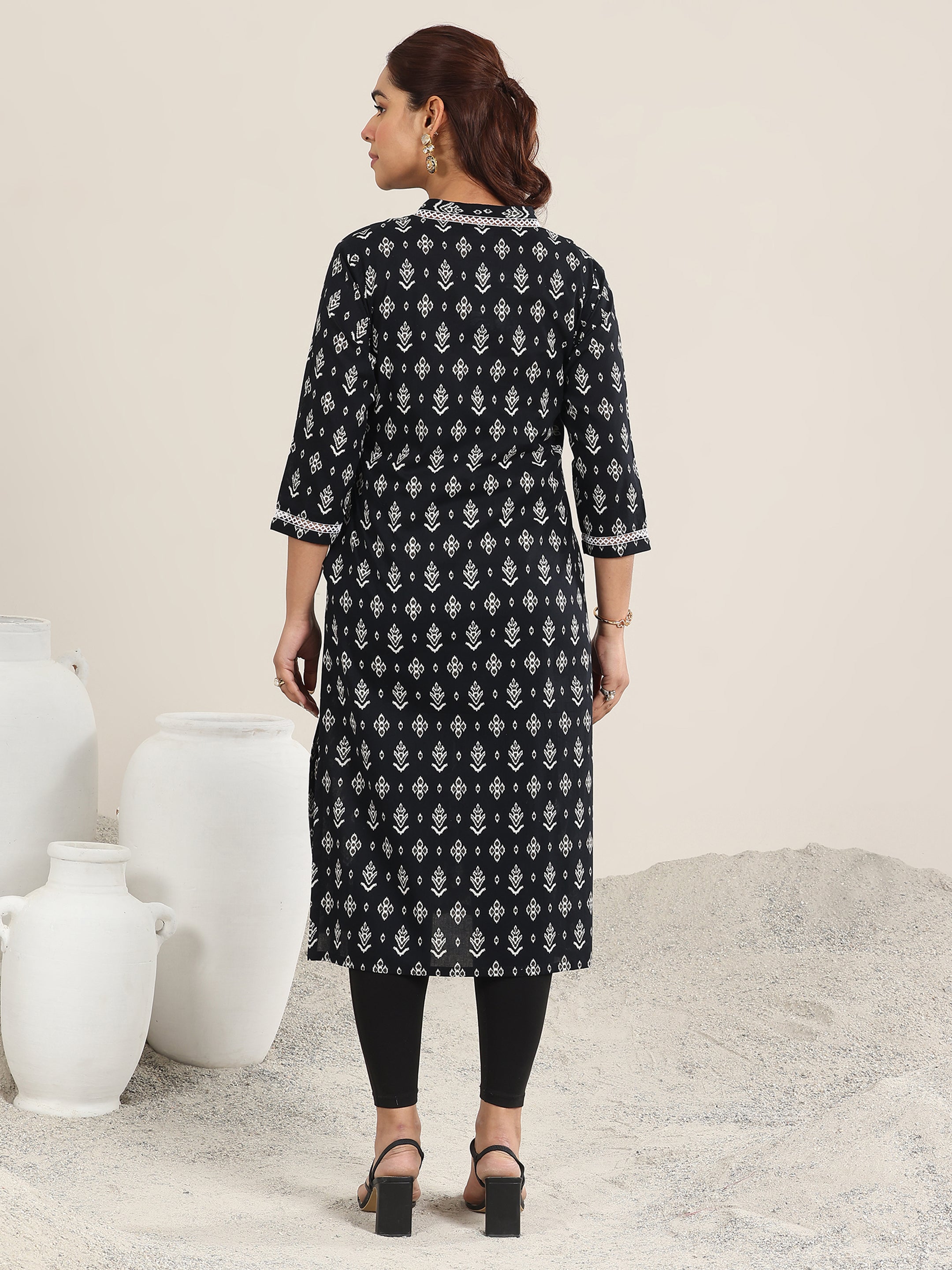 Black Printed Cotton Straight Kurta
