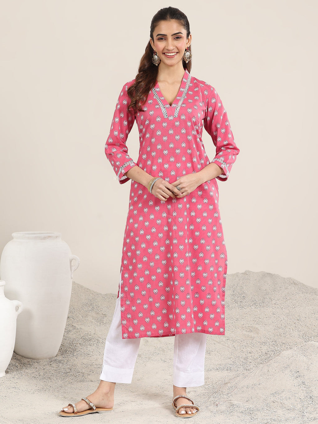 Pink Printed Cotton Straight Kurta