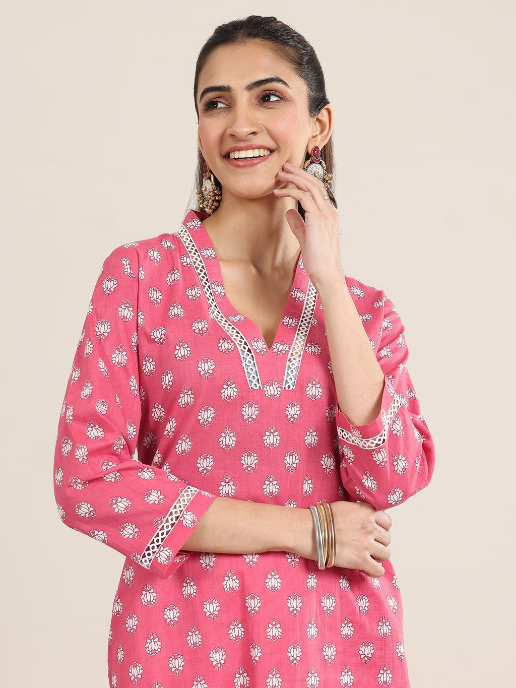 Pink Printed Cotton Straight Kurta
