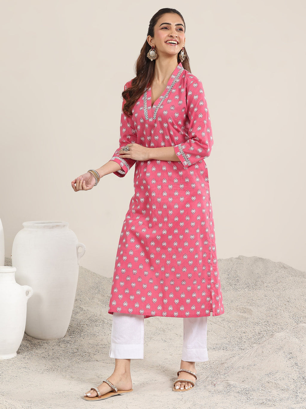 Pink Printed Cotton Straight Kurta