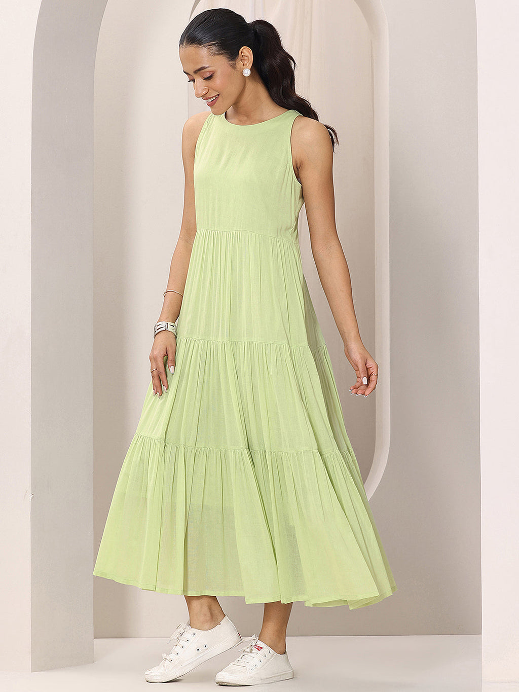 Green Solid Cotton Tiered Fit and Flare One Piece Dress