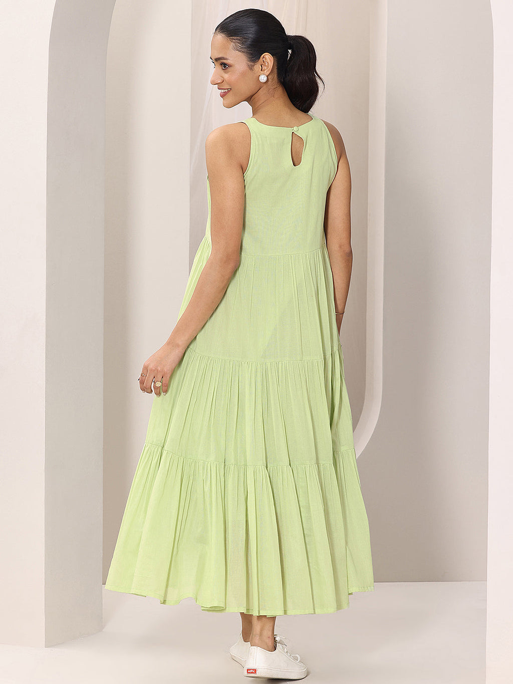 Green Solid Cotton Tiered Fit and Flare One Piece Dress