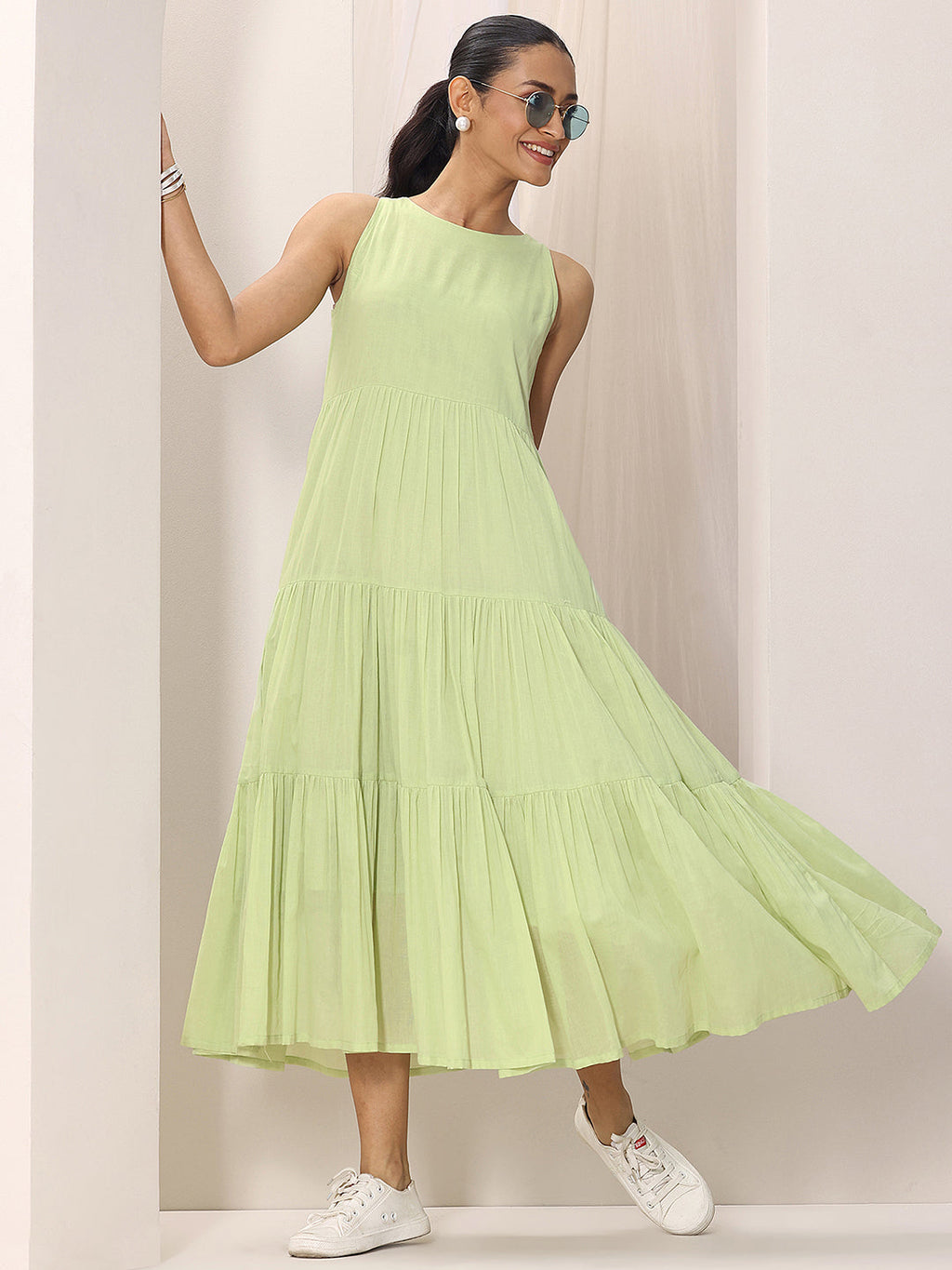 Green Solid Cotton Tiered Fit and Flare One Piece Dress