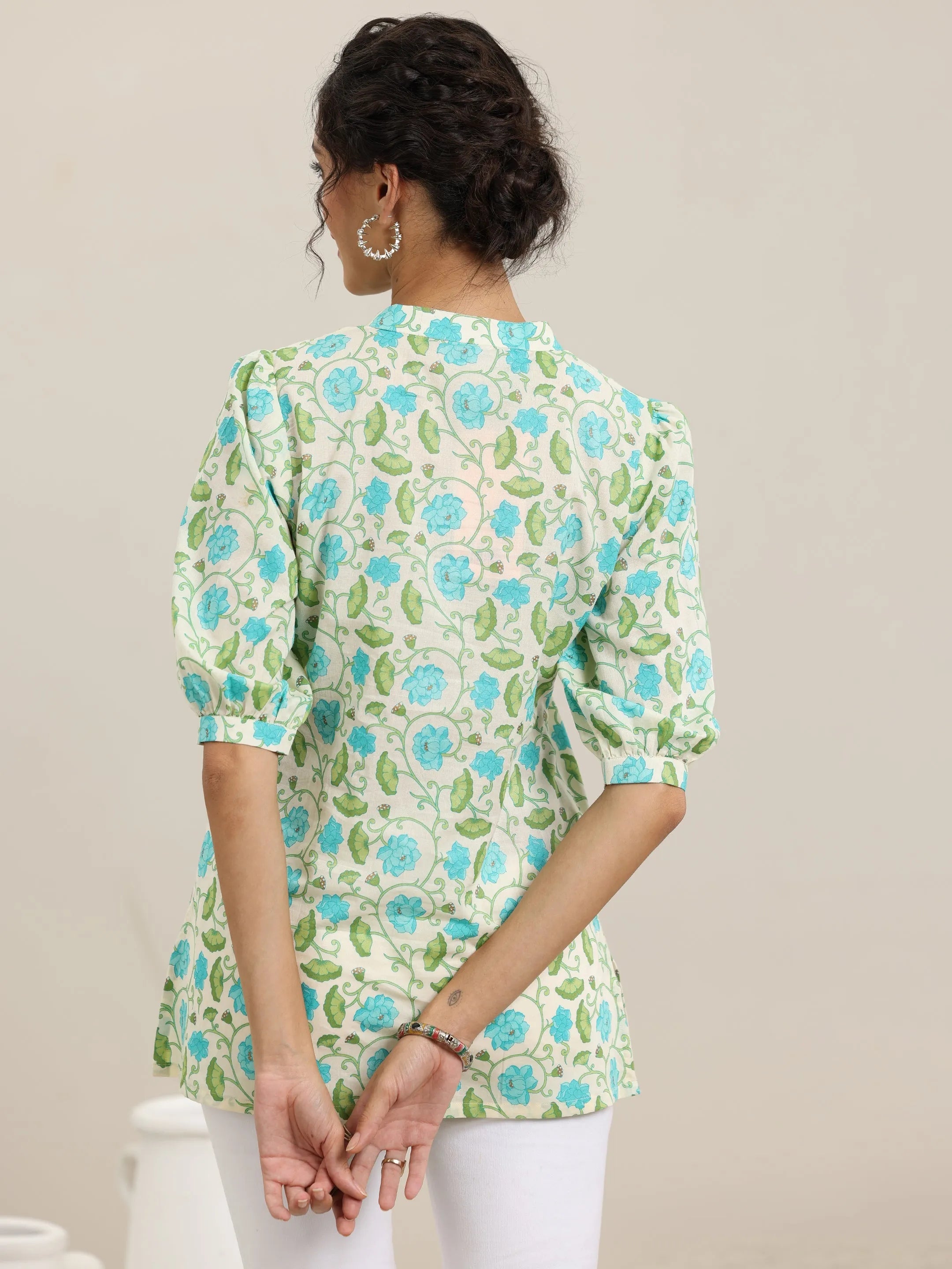 Off White Printed Cotton Straight Kurti