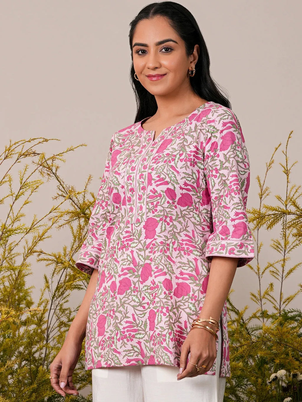 Pink Printed Cotton Straight Short Kurti