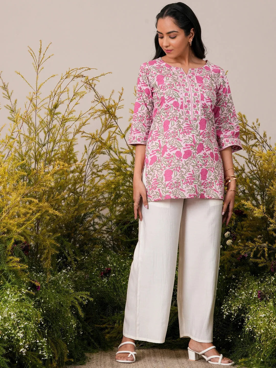 Pink Printed Cotton Straight Short Kurti