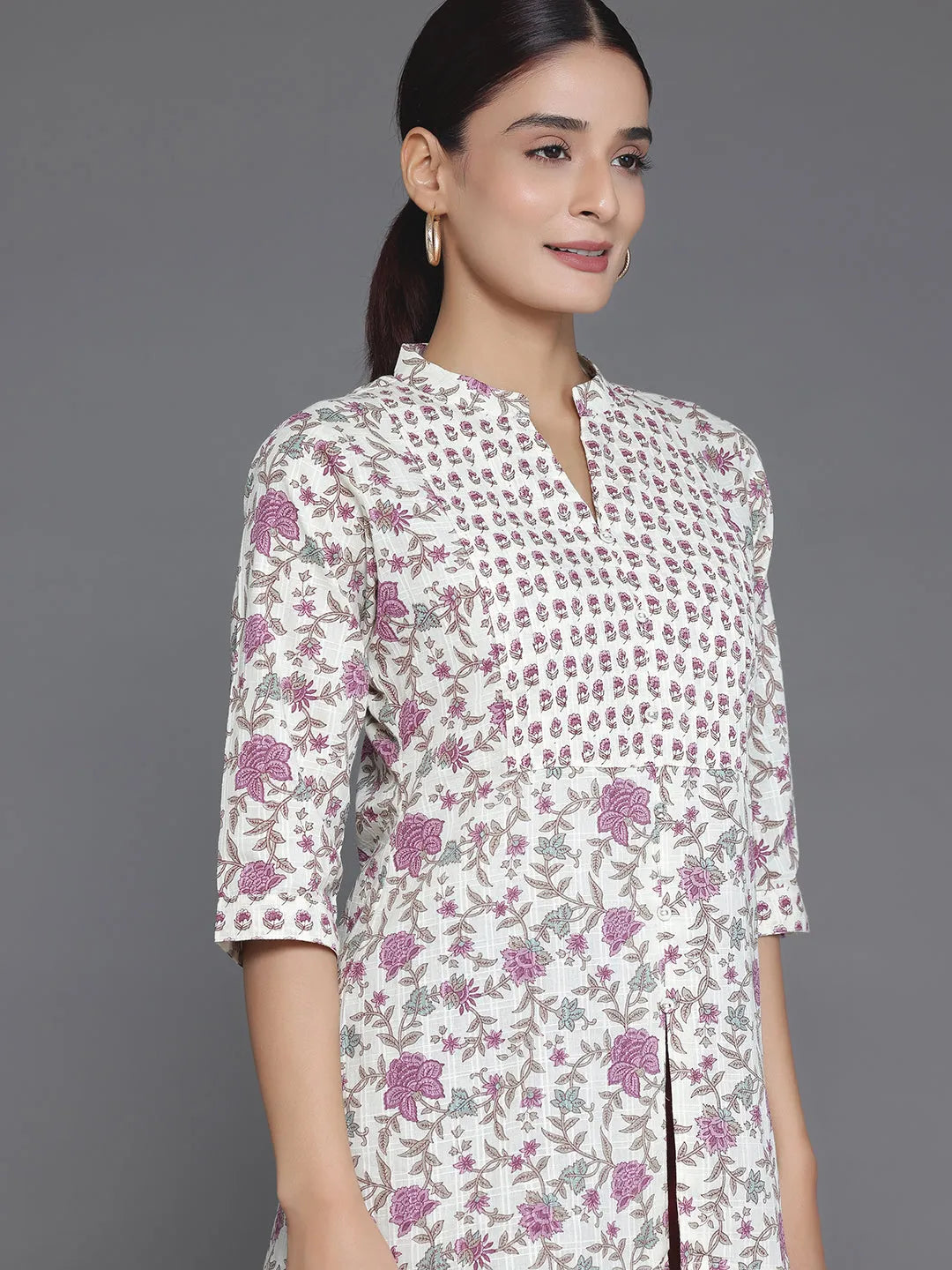 Off White Printed Cotton Blend Straight Kurti