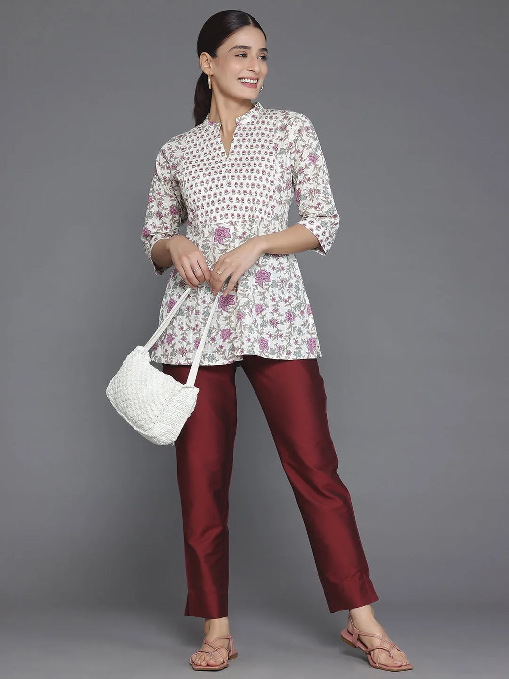 Off White Printed Cotton Blend Straight Kurti