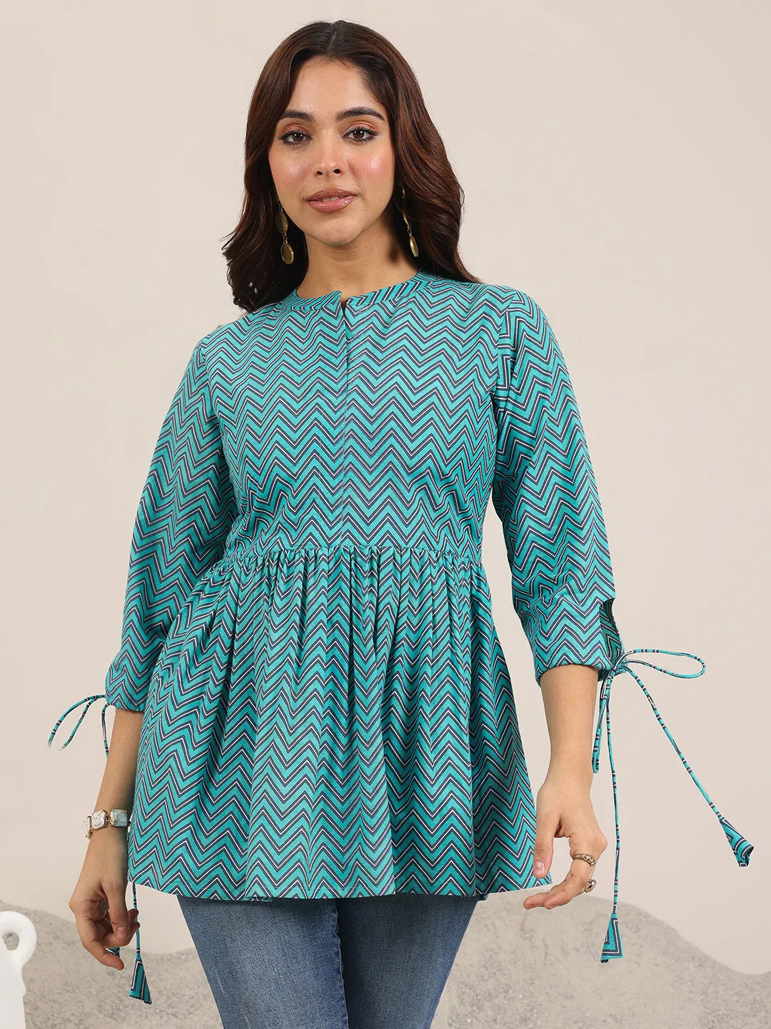 Blue Printed Cotton Anarkali Short Kurti