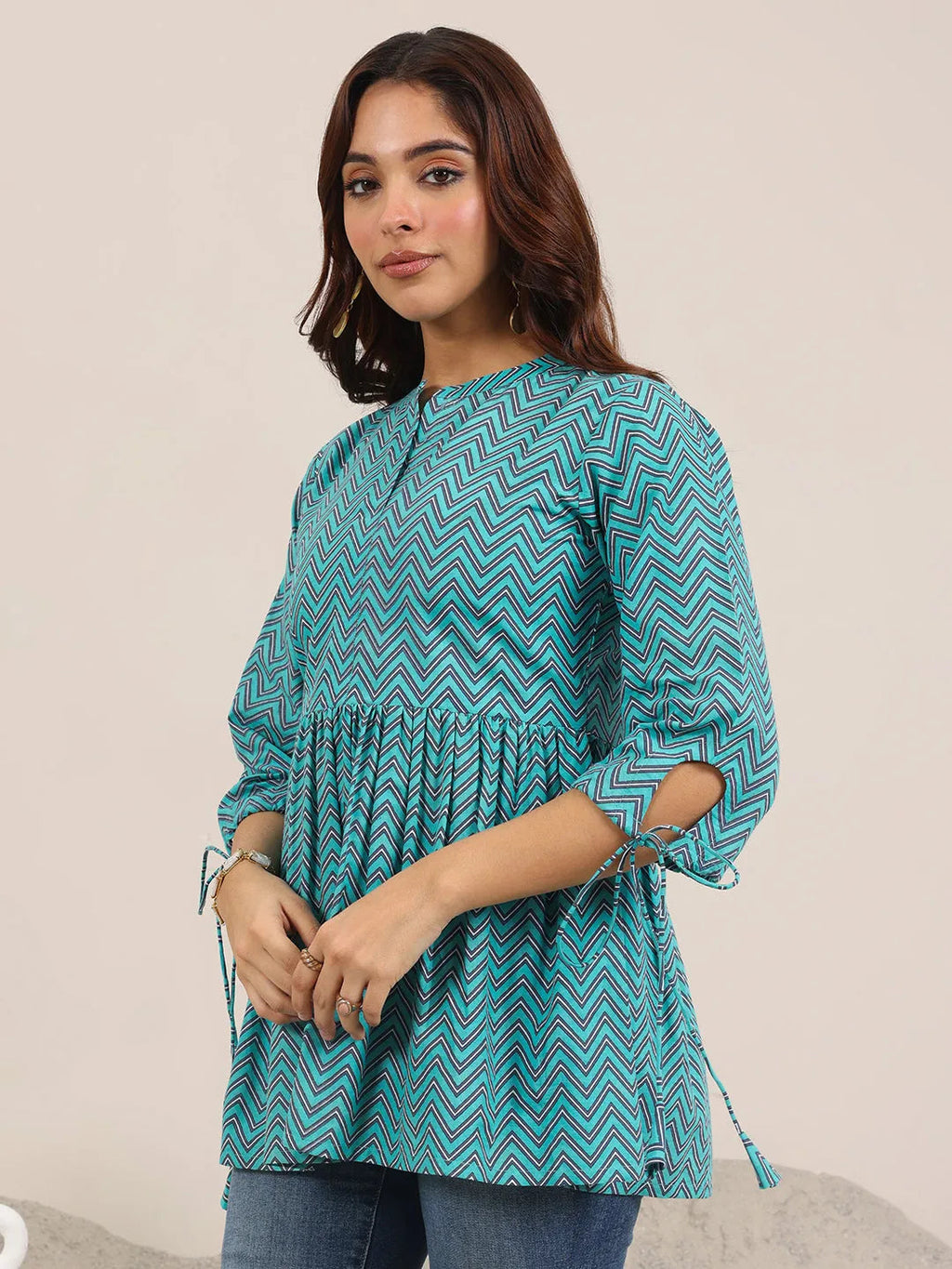 Blue Printed Cotton Anarkali Short Kurti