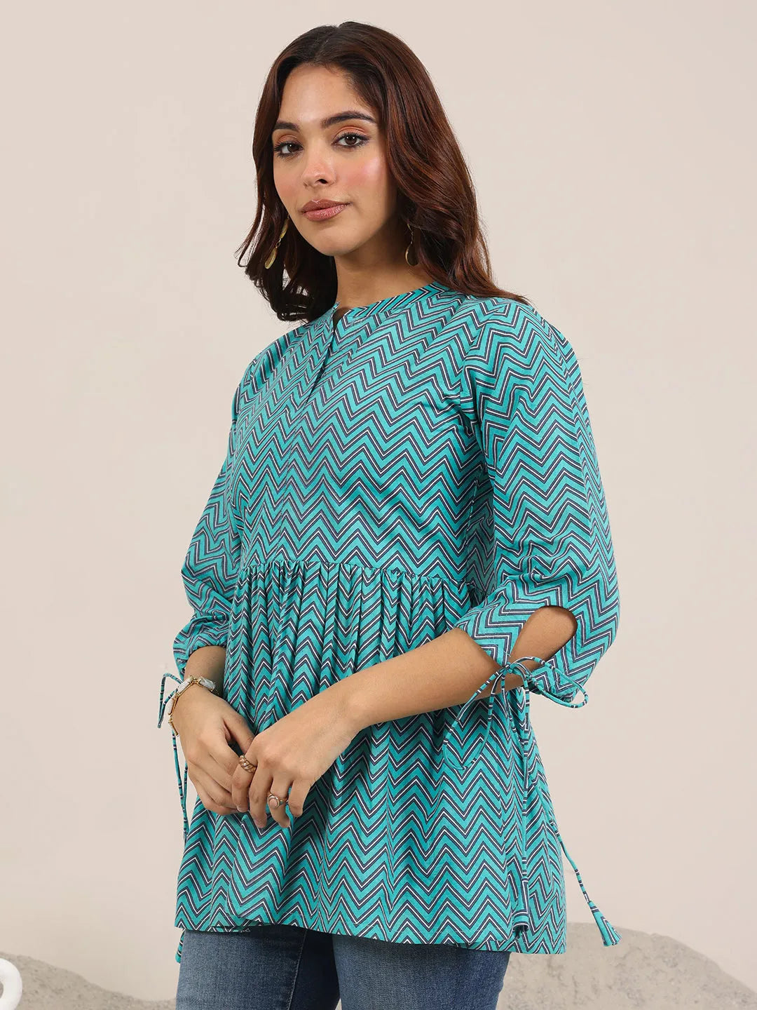 Blue Printed Cotton Anarkali Short Kurti