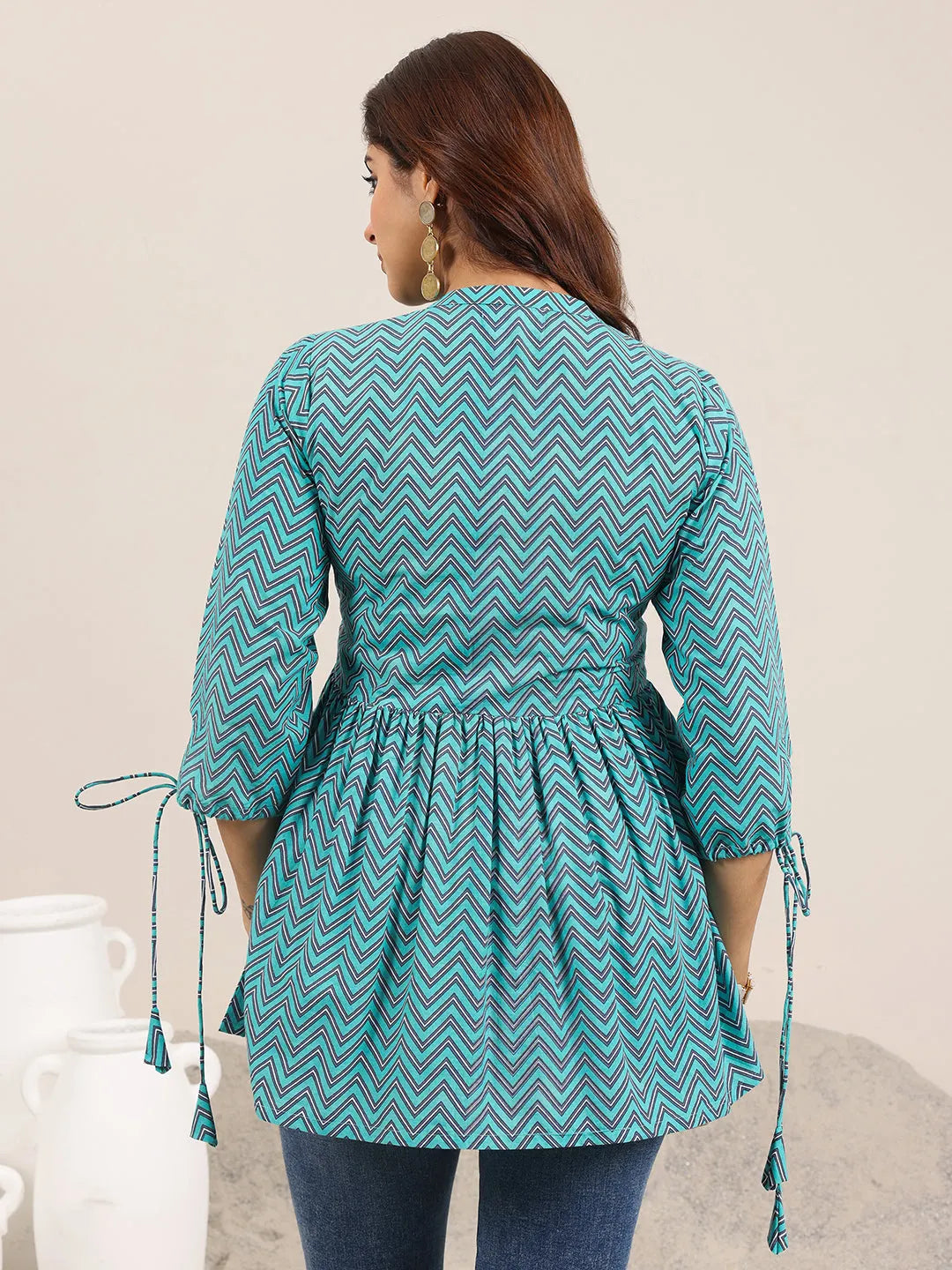 Blue Printed Cotton Anarkali Short Kurti