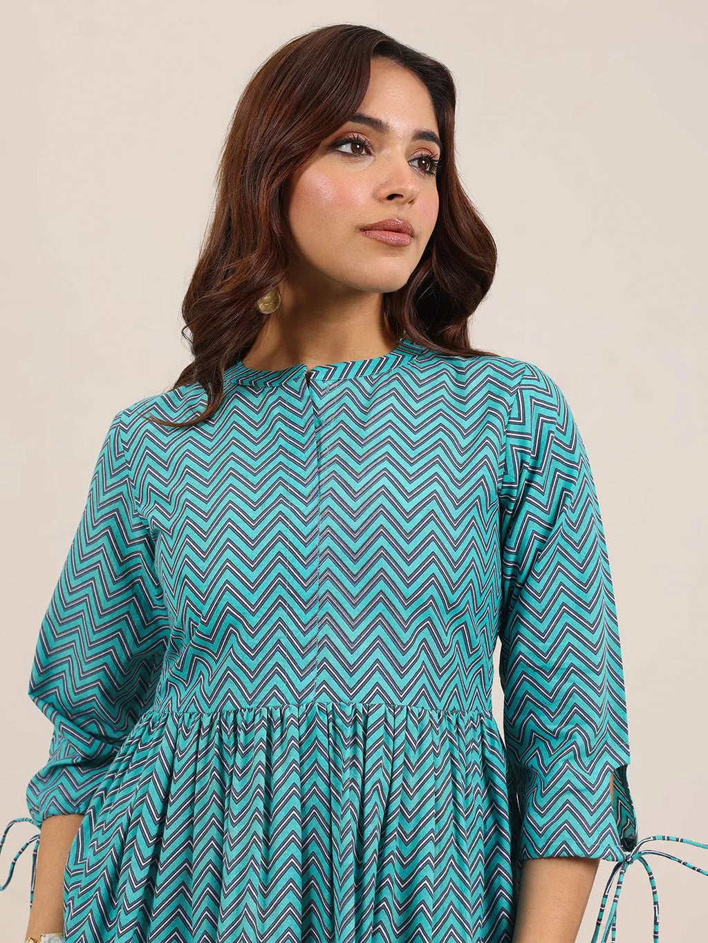 Blue Printed Cotton Anarkali Short Kurti