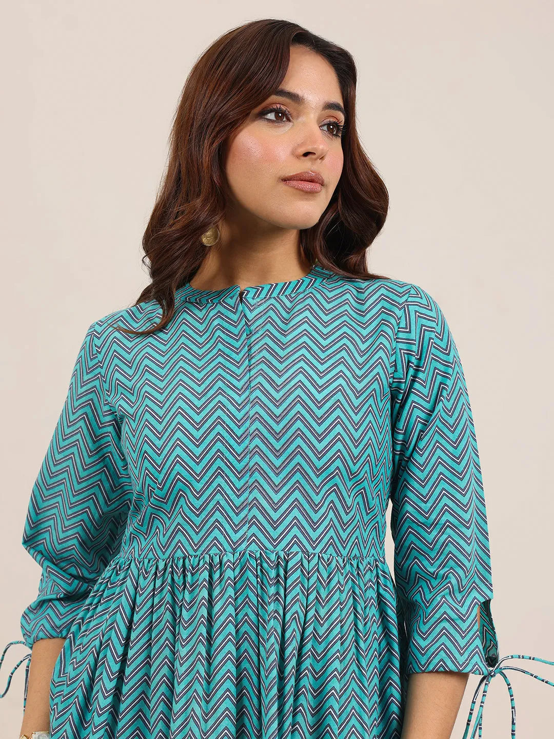 Blue Printed Cotton Anarkali Short Kurti