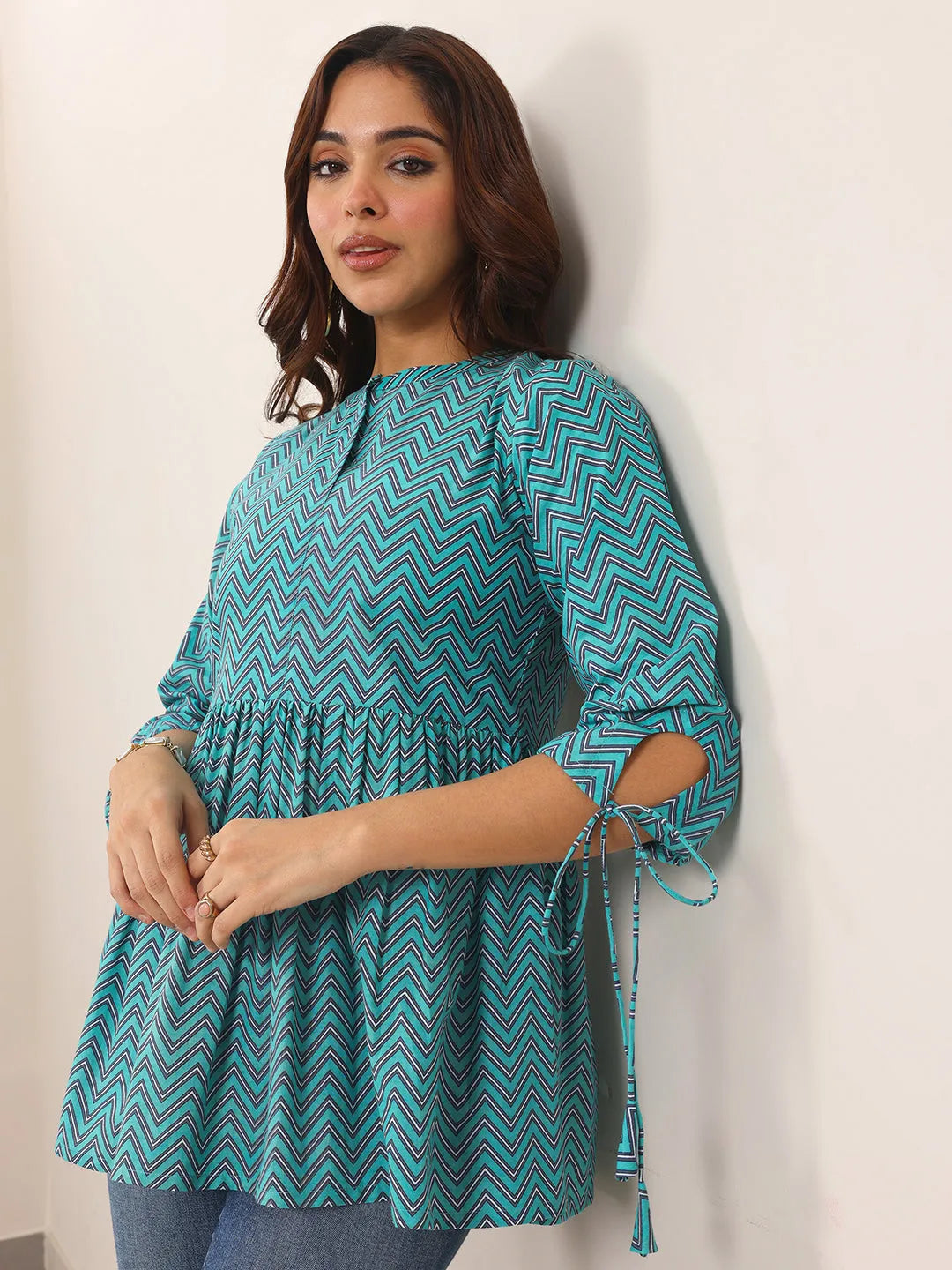 Blue Printed Cotton Anarkali Short Kurti