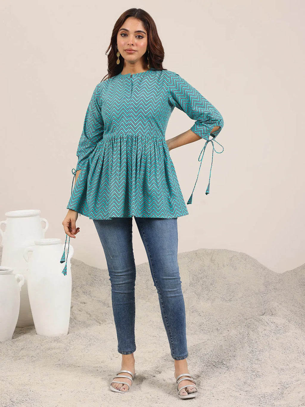 Blue Printed Cotton Anarkali Short Kurti