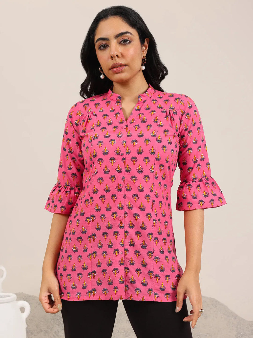 Pink Printed Cotton Straight Short Kurti