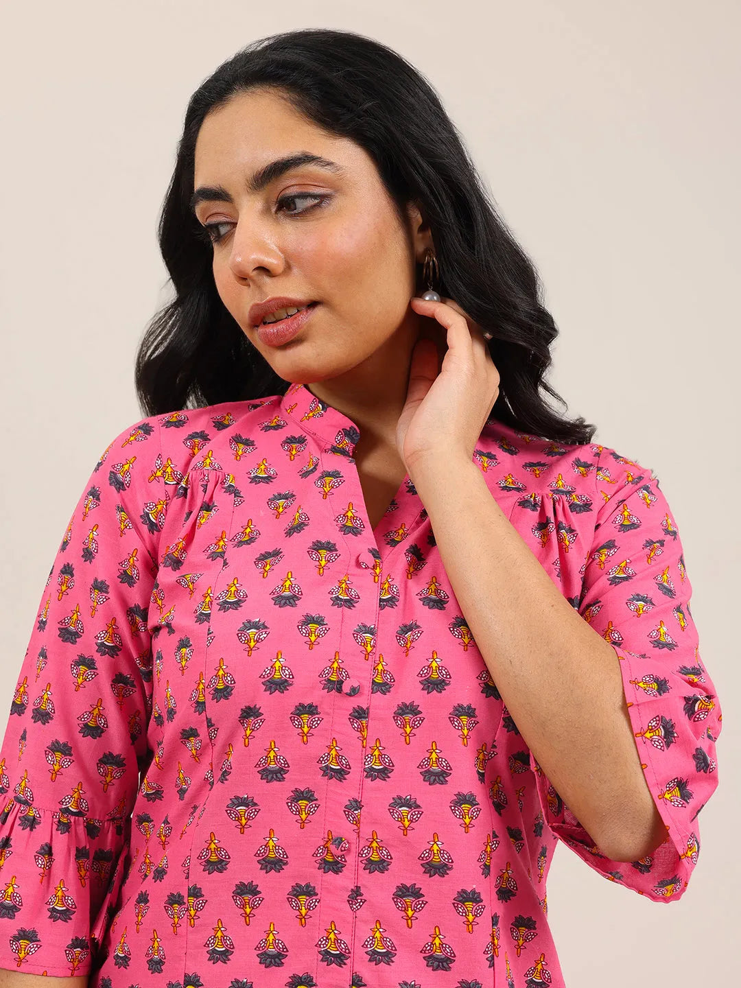 Pink Printed Cotton Straight Short Kurti
