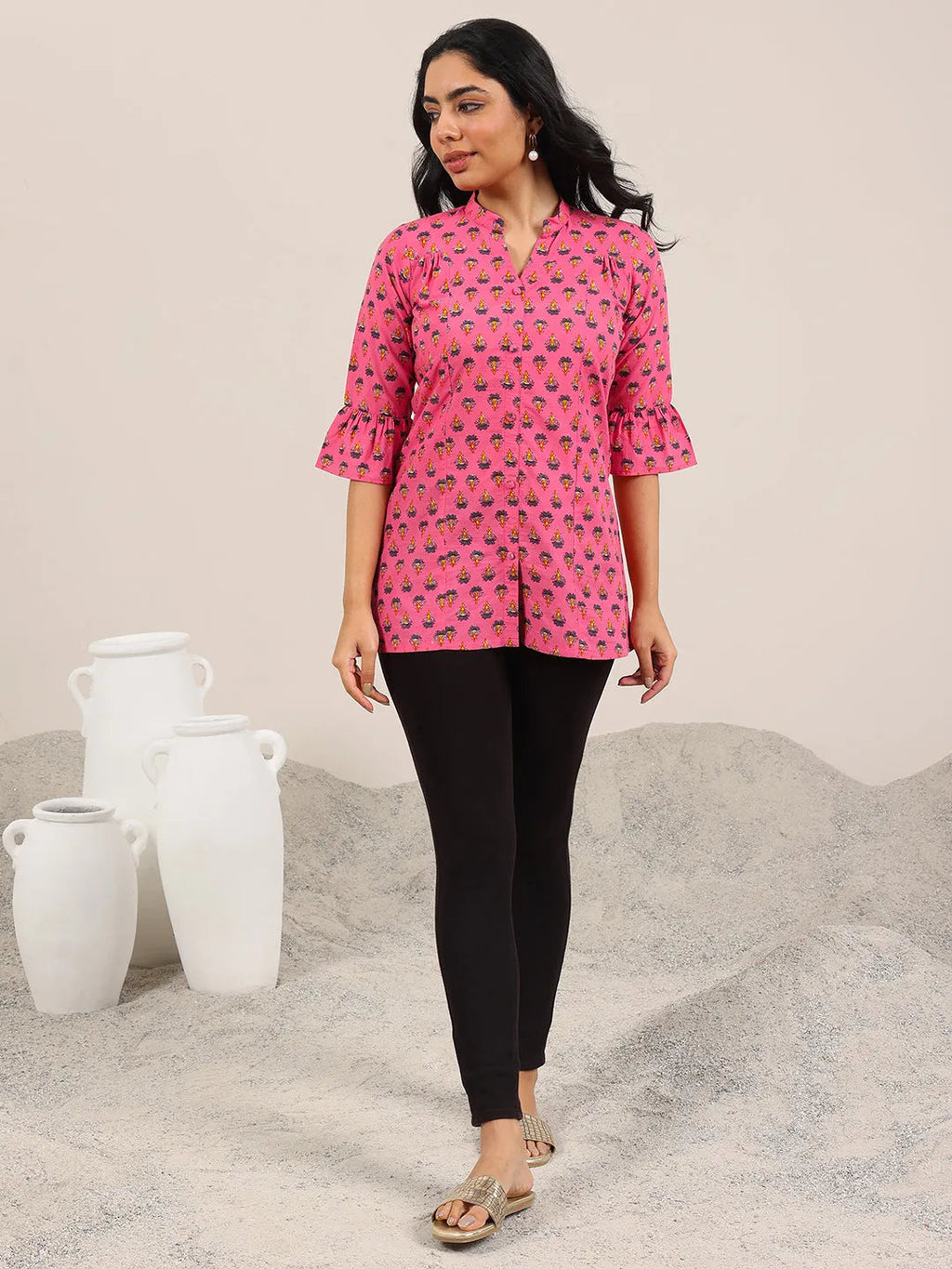 Pink Printed Cotton Straight Short Kurti