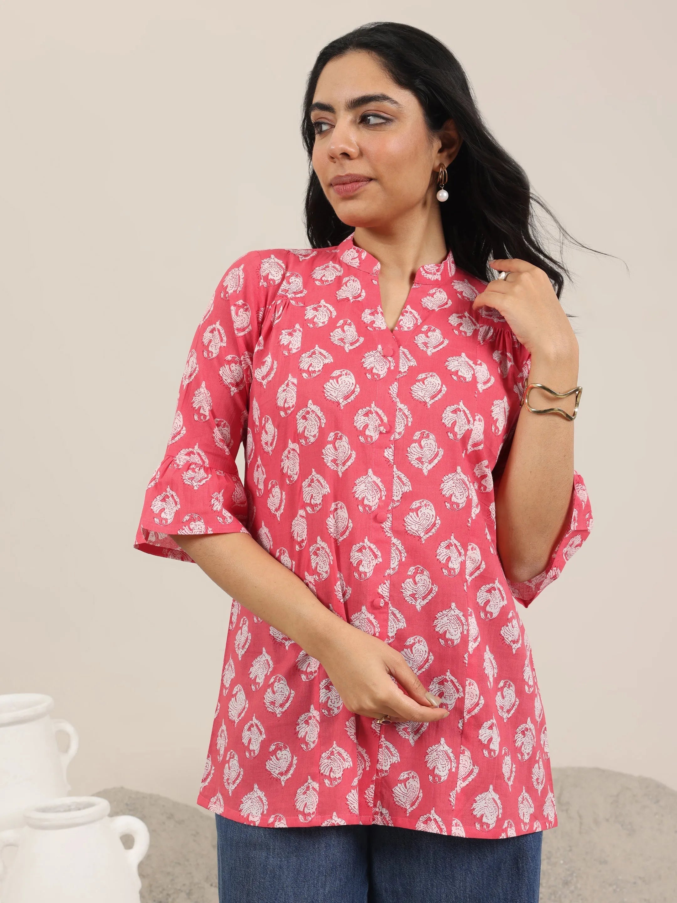 Coral Printed Cotton Straight Short Kurti
