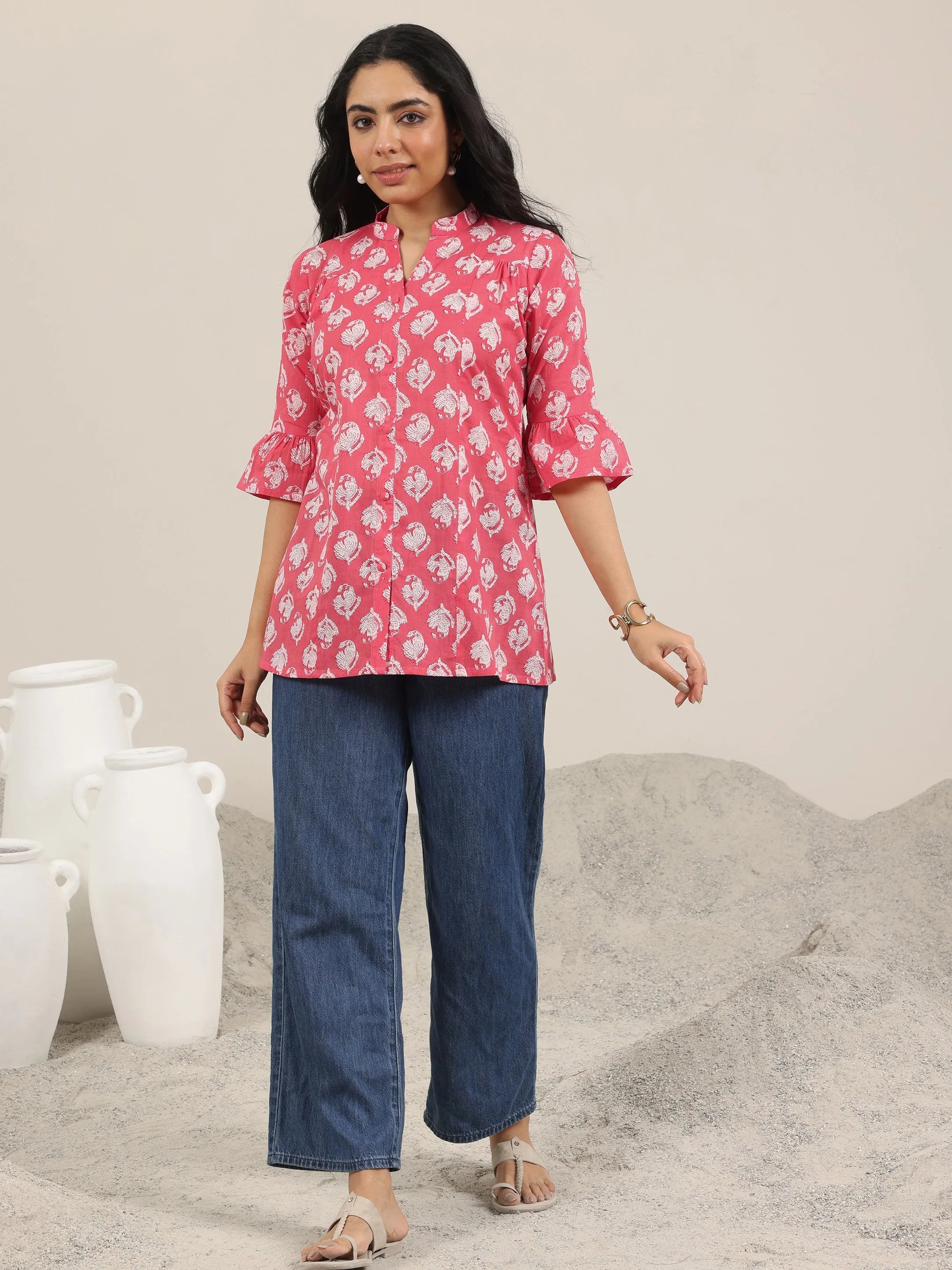 Coral Printed Cotton Straight Short Kurti