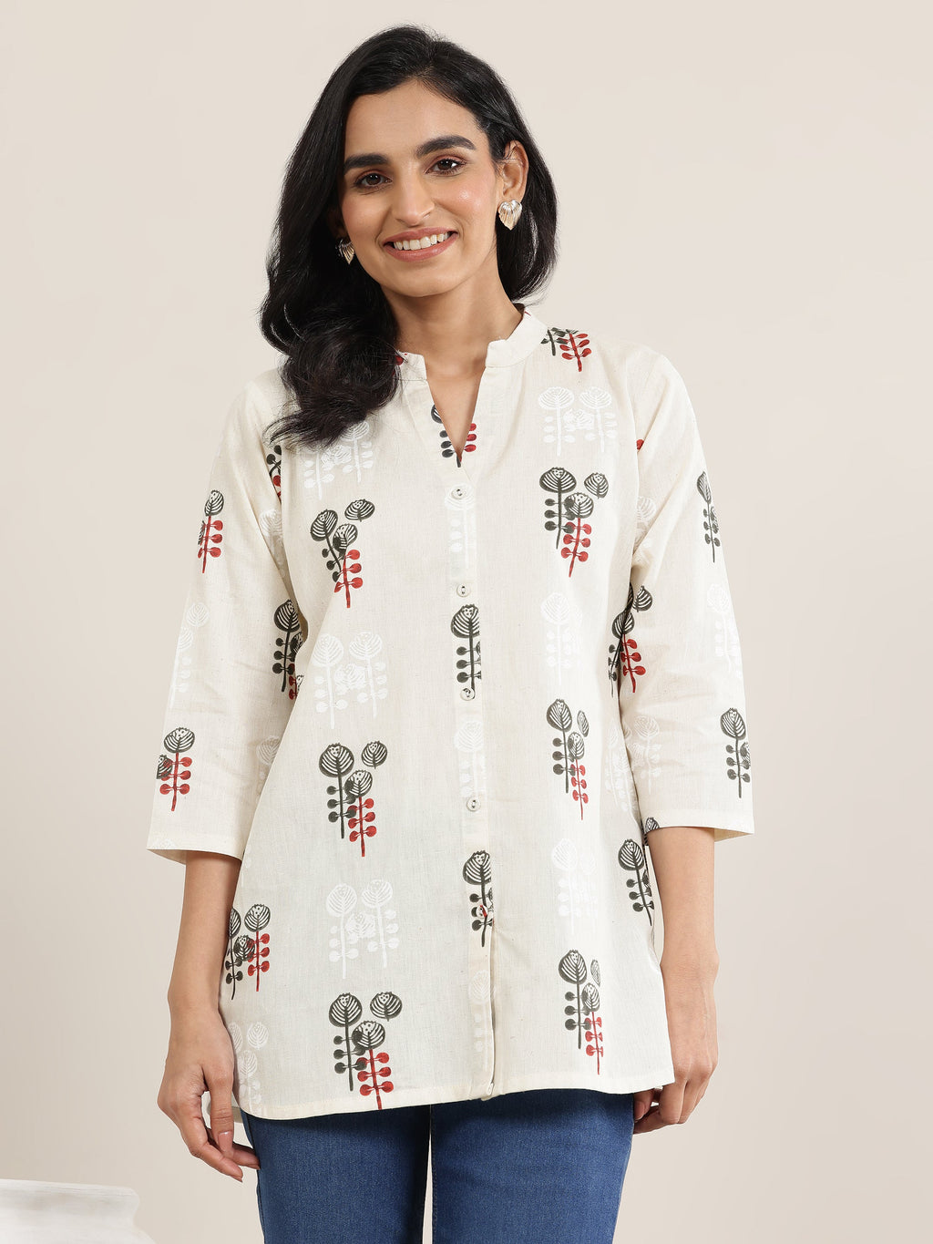 Off White Printed Cotton Straight Short Kurti